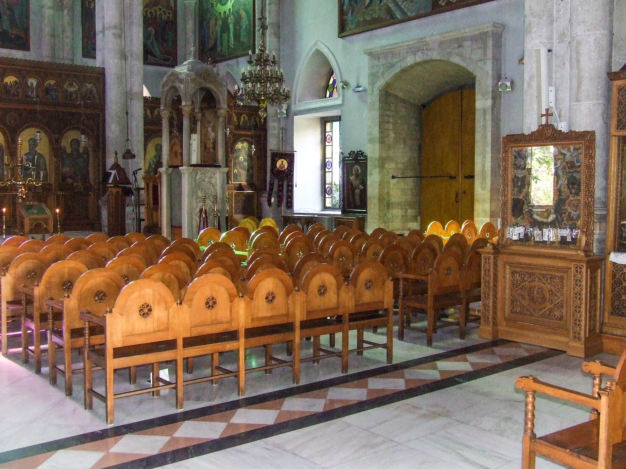 The altar is adorned with various religious icons and decorations
