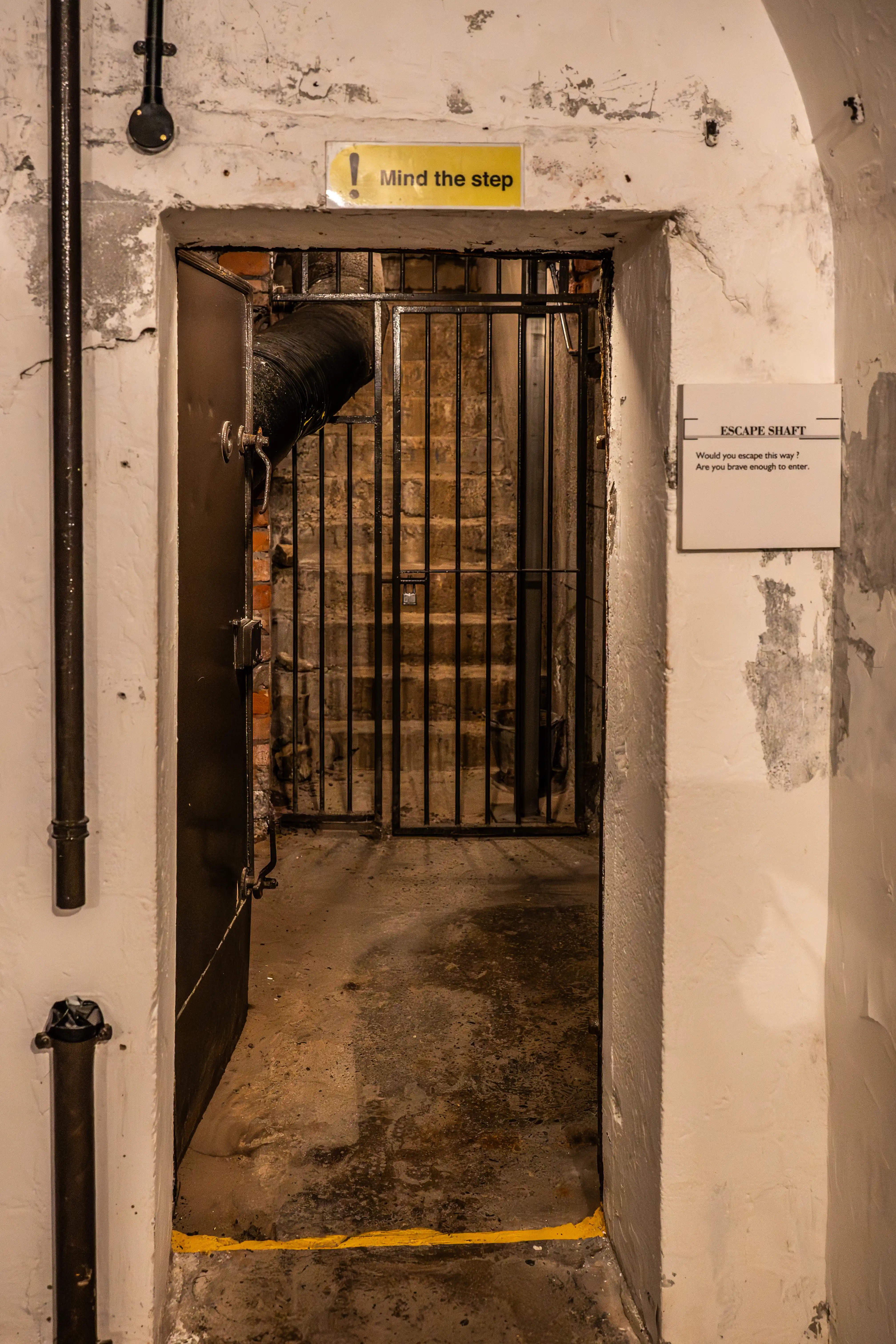 A barred metal gate is open, revealing a steep staircase with brick walls inside a dimly lit, grungy passageway. A yellow warning sign and an 'Escape Shaft' sign are visible on the walls.