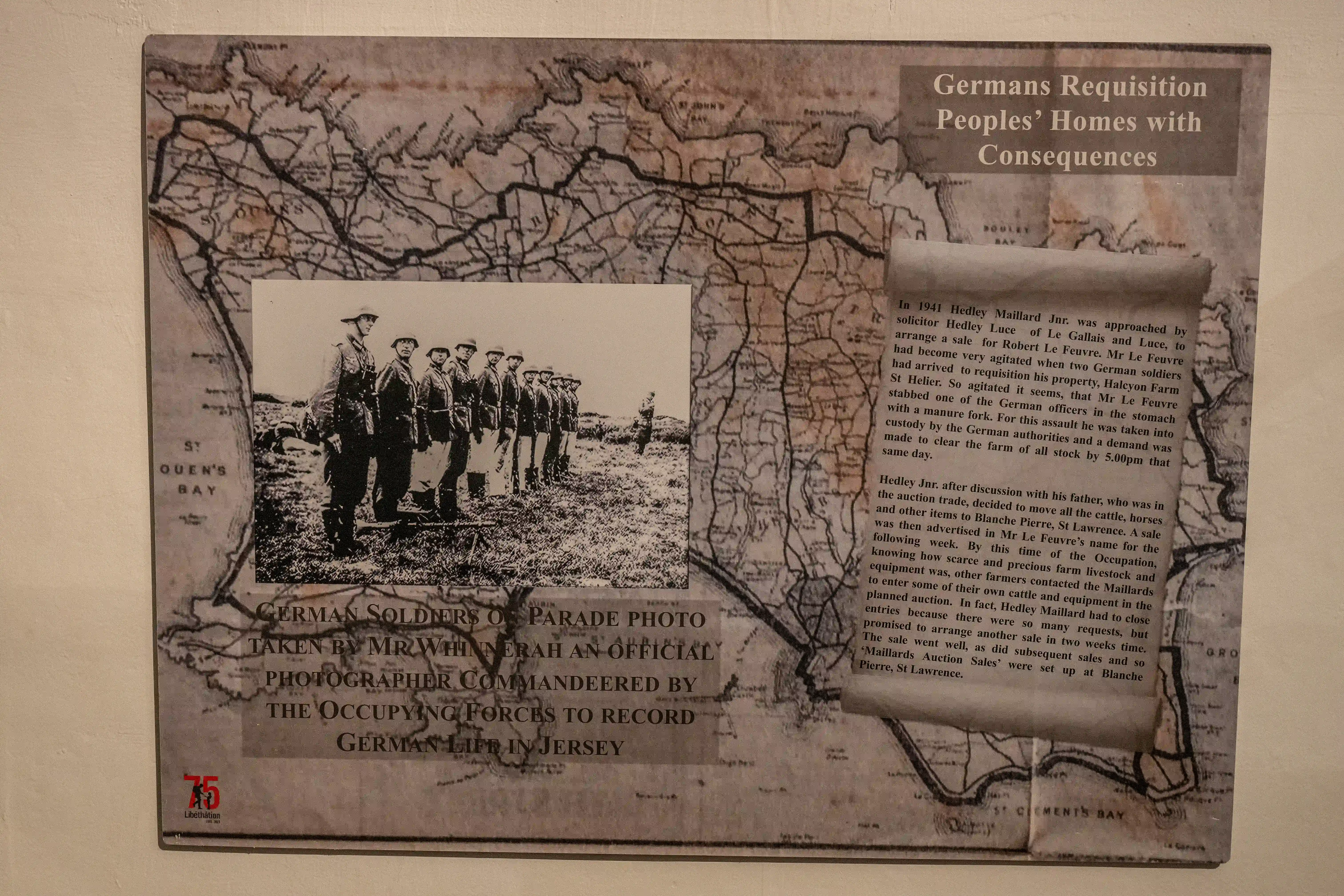 A historical display about German requisition in Jersey during occupation. It includes a map of the island, a photograph of German soldiers, and text detailing events of requisition and their consequences, such as an assault on a German officer.