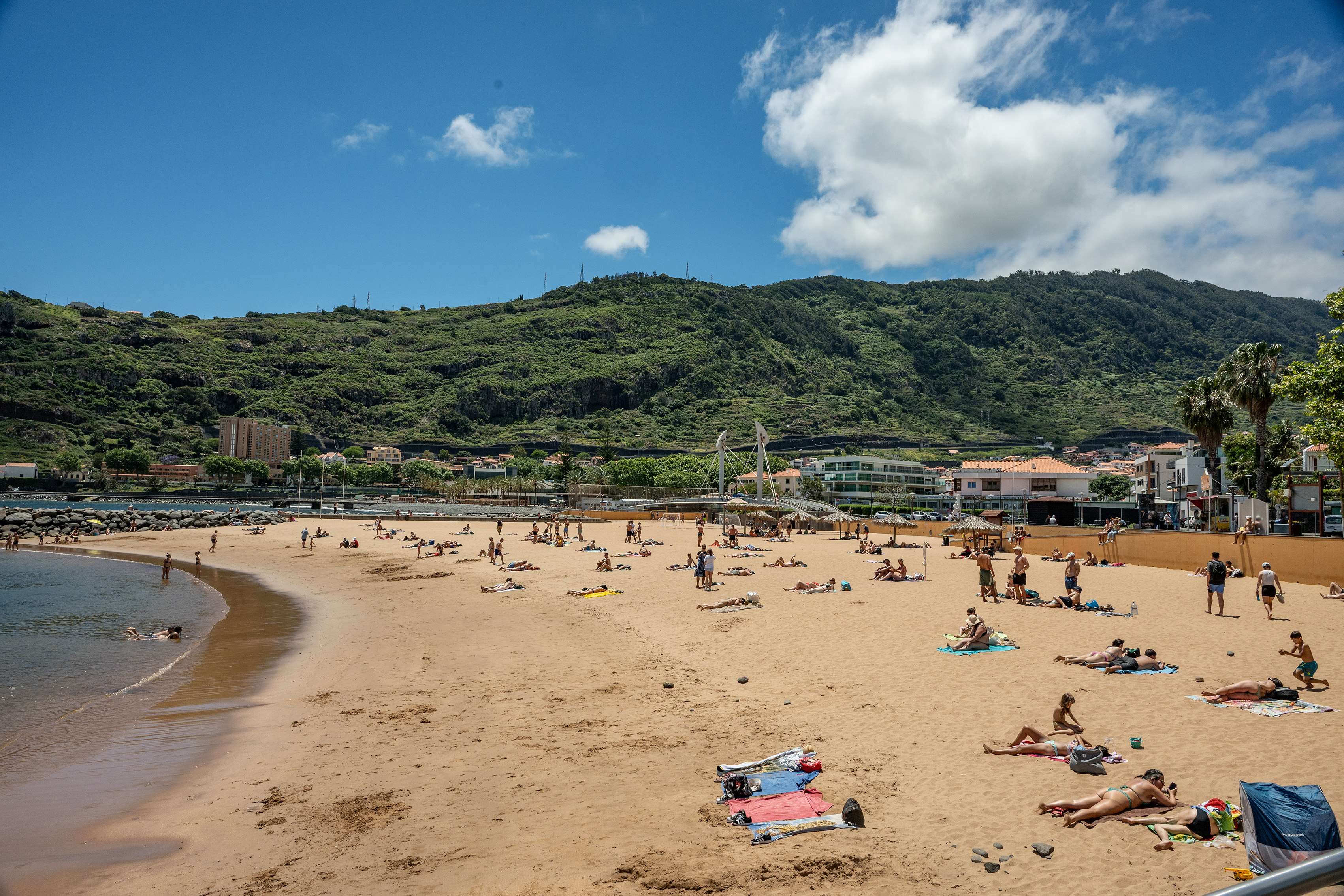 a beach scene with people sunbathing, relaxing, and enjoying the sun