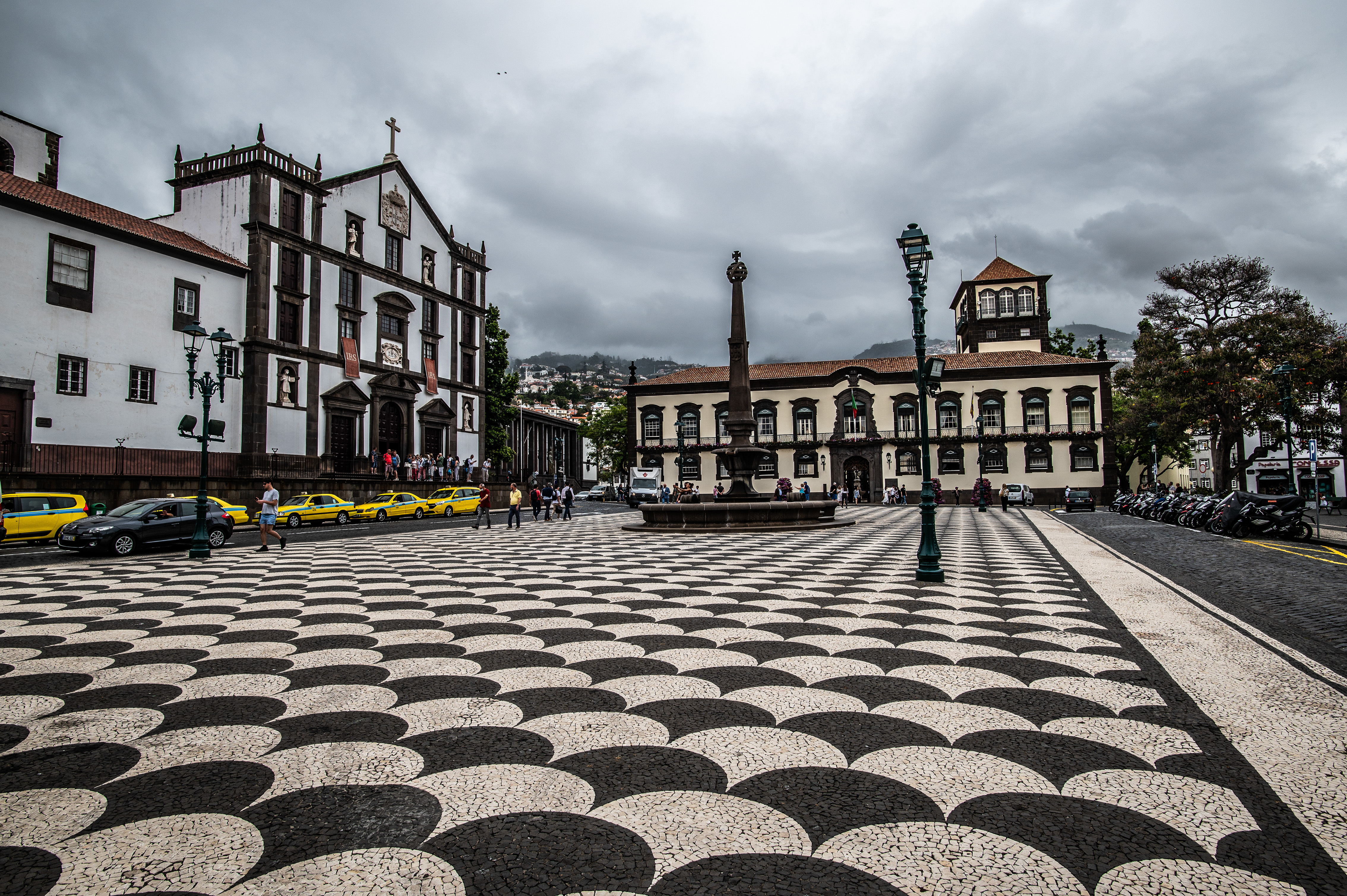 town square with distinctive black and white patterned pavement