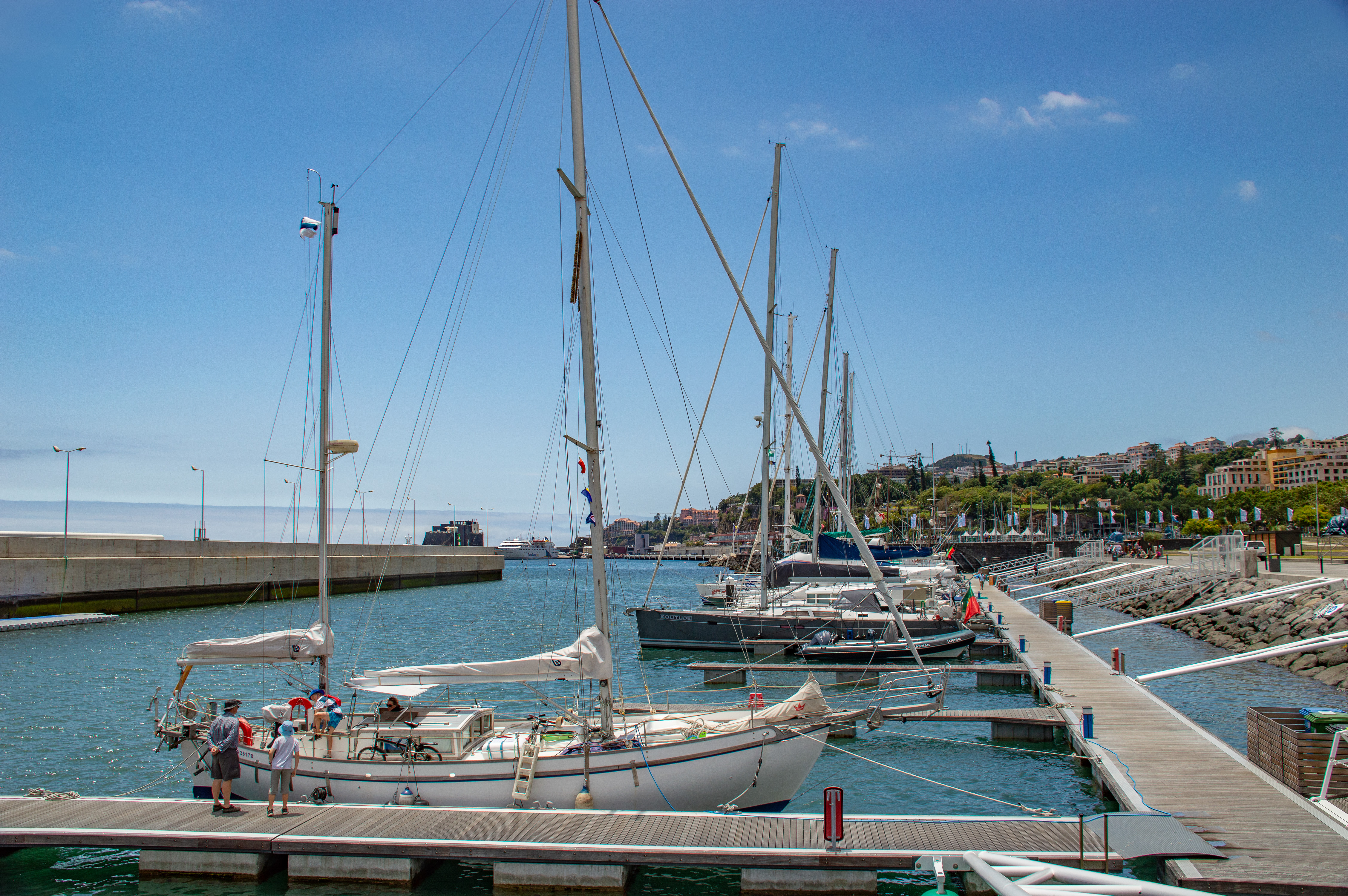 sailboats docked at a wooden pier