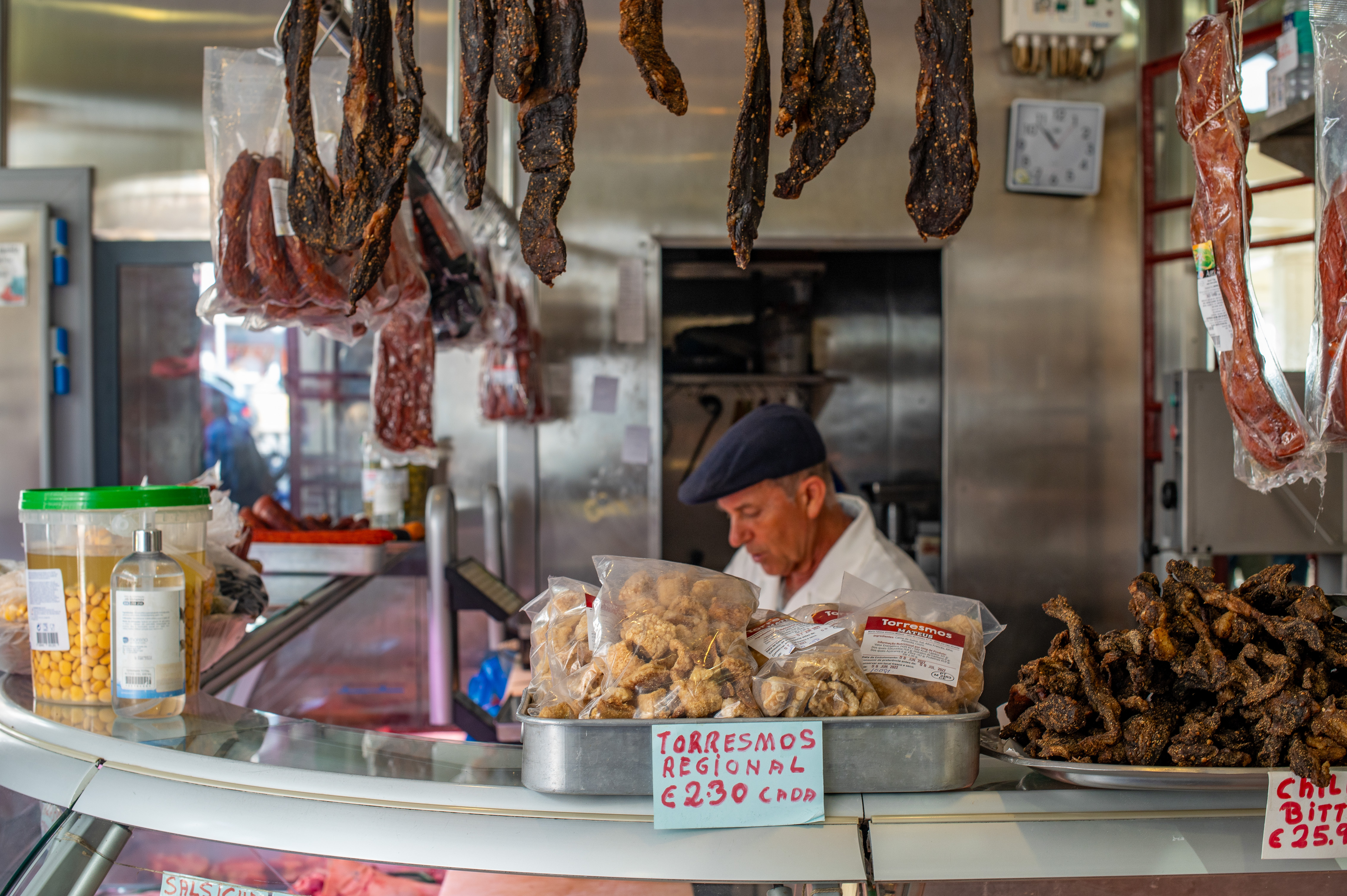 torrezno, a type of fried pork, priced at â‚¬2.30 each.