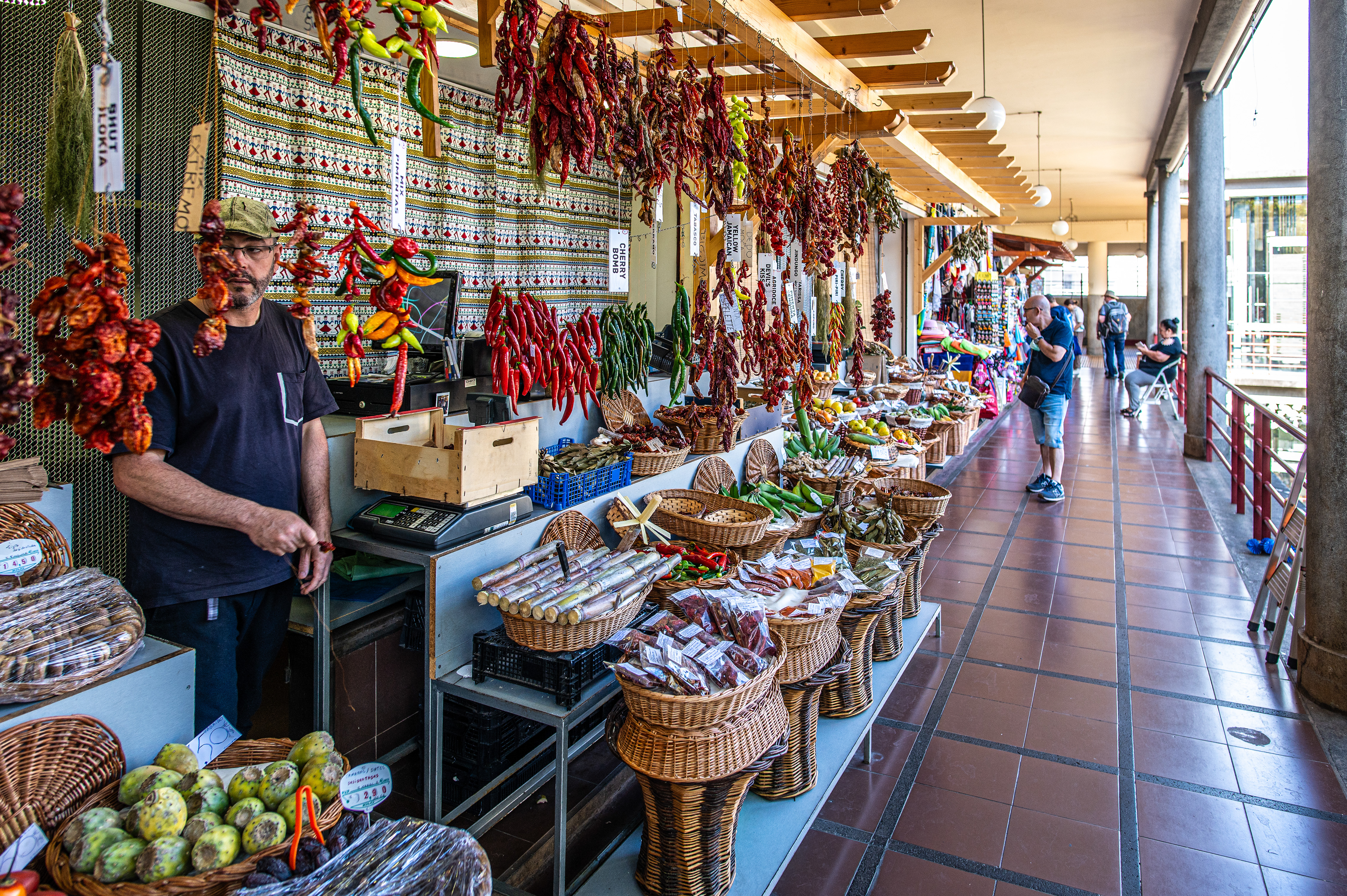 vibrant market scene with various stalls