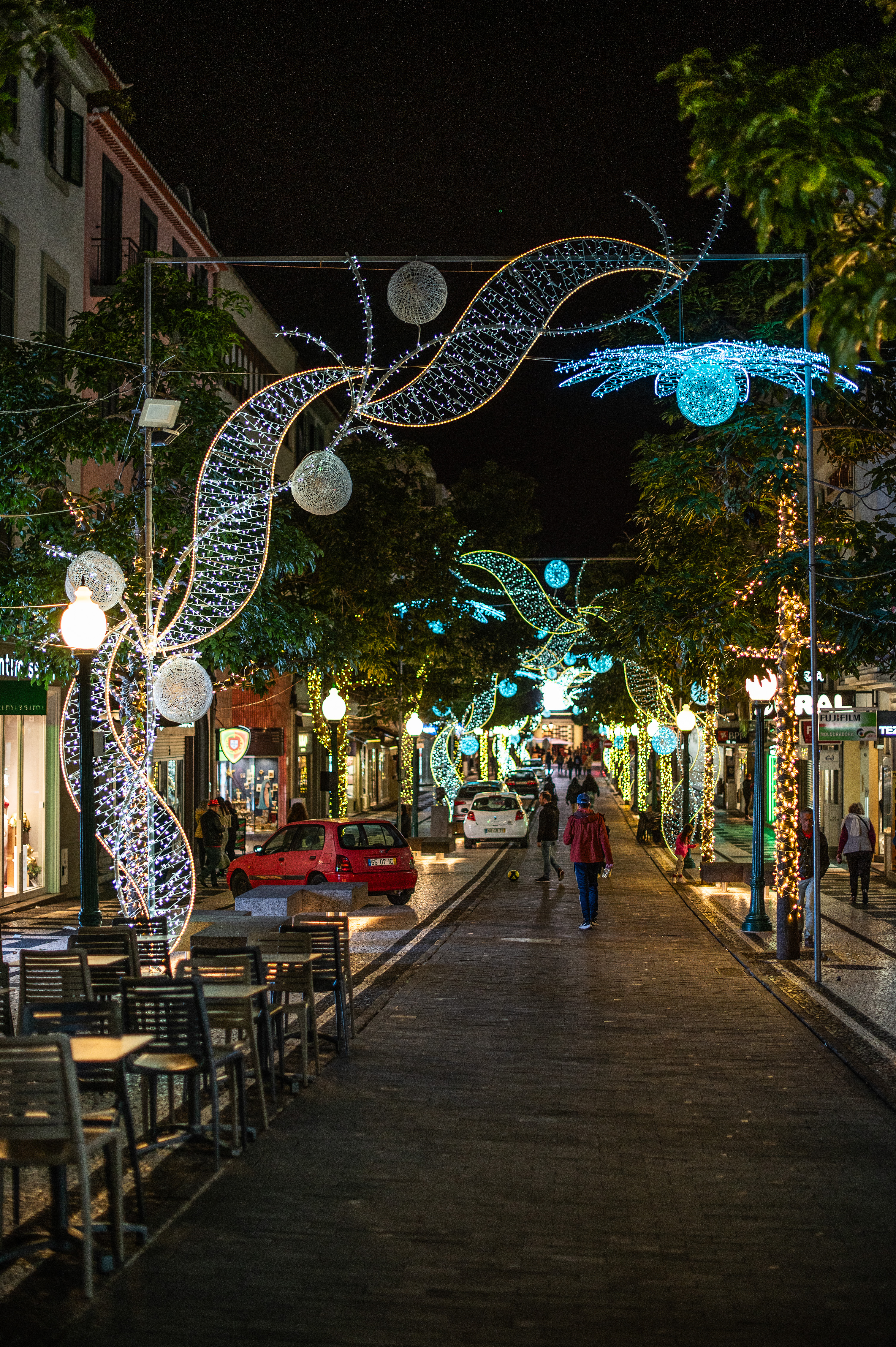 festive street scene at night