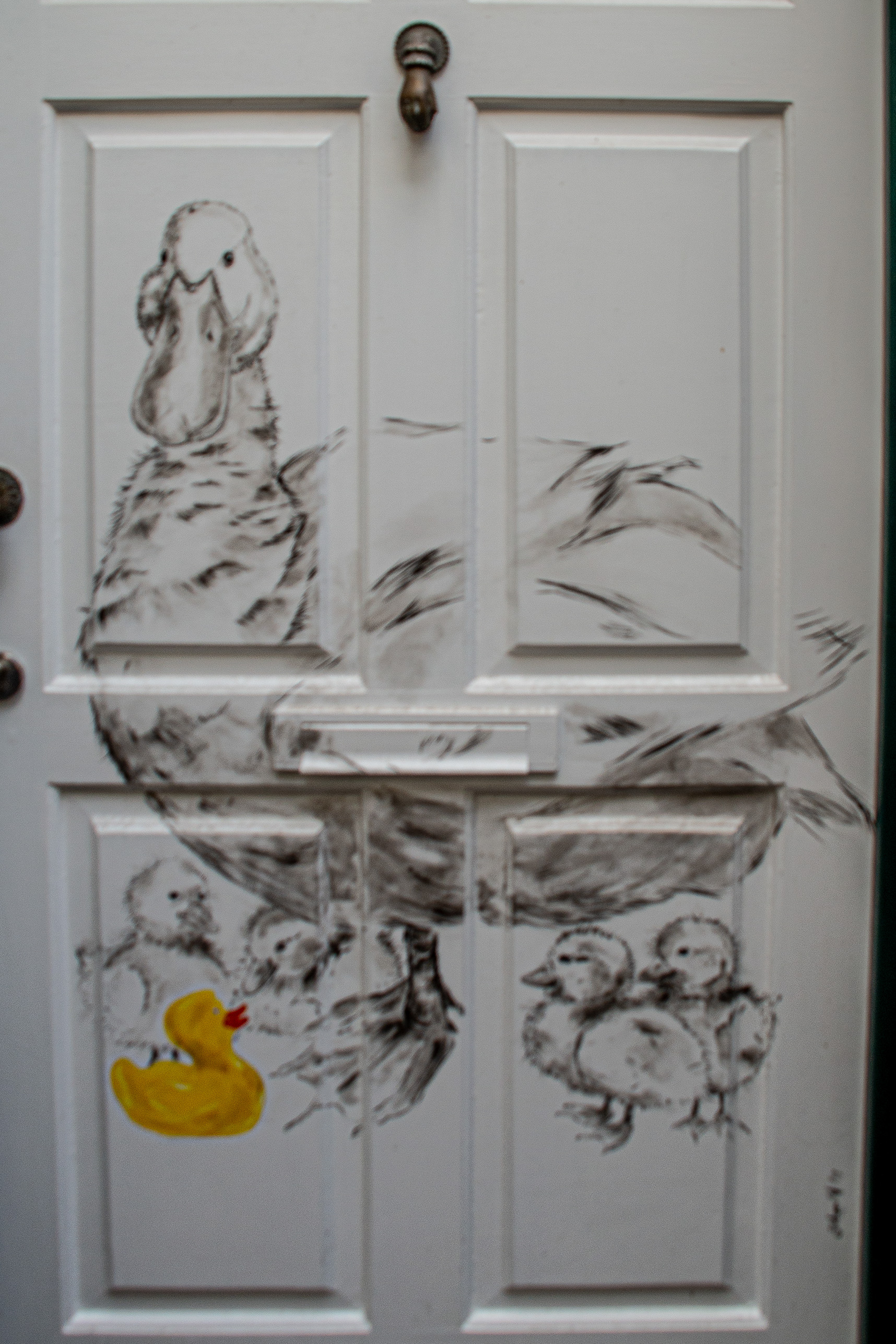 a white door with artistic drawings in black ink