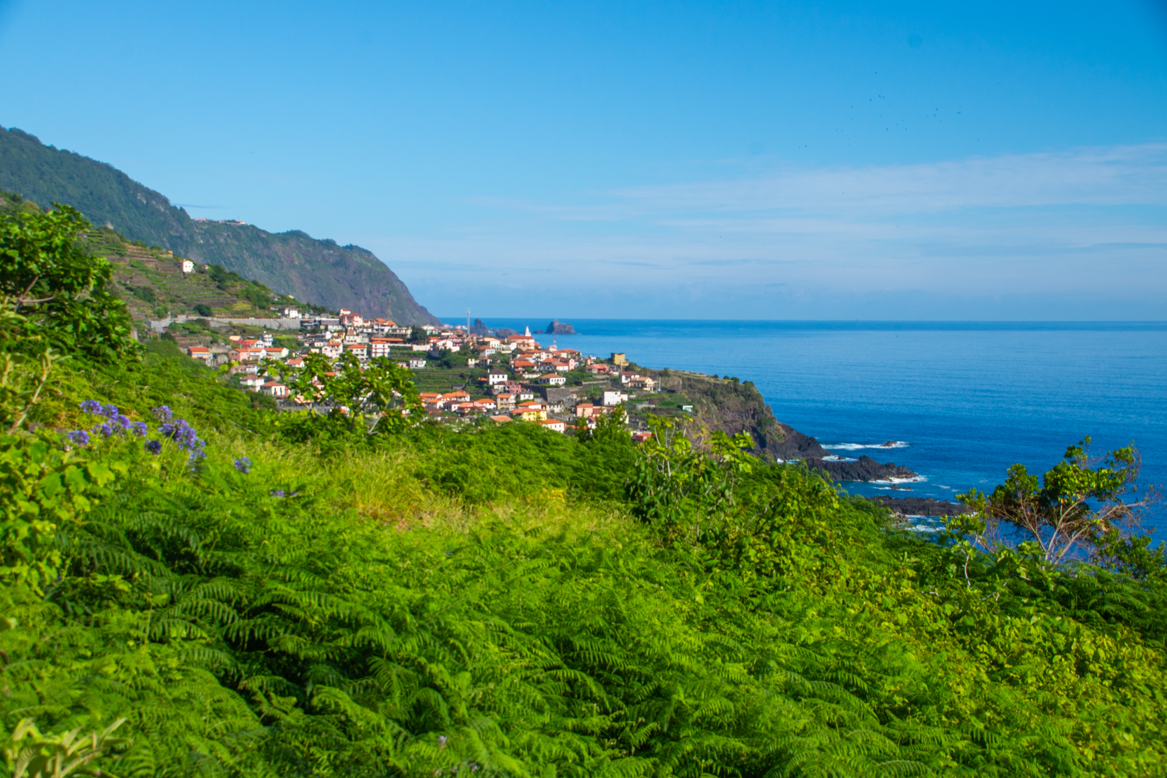 a mix of white and red-roofed buildings scattered along the cliff