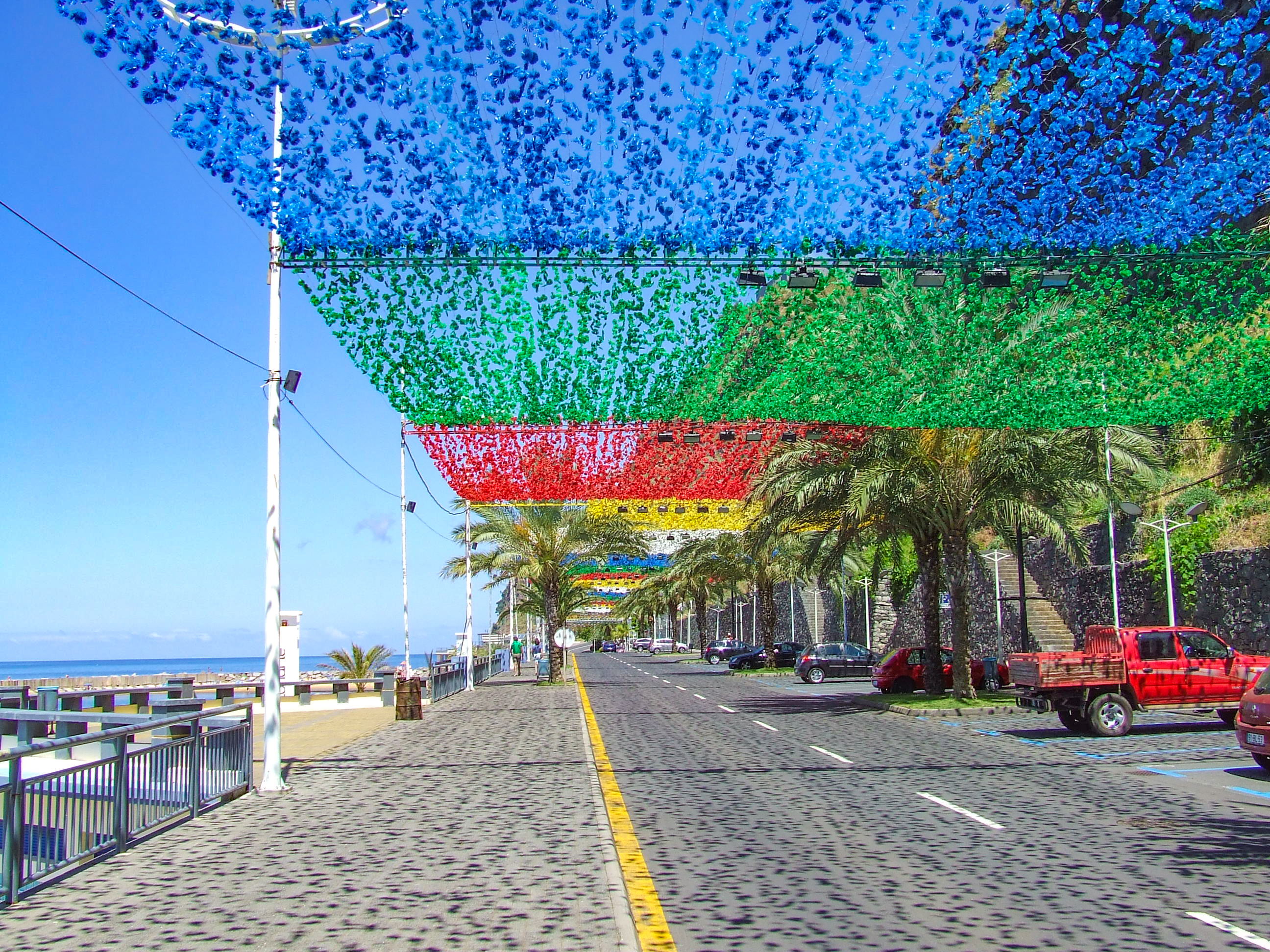 hanging decorations in blue, green, and red
