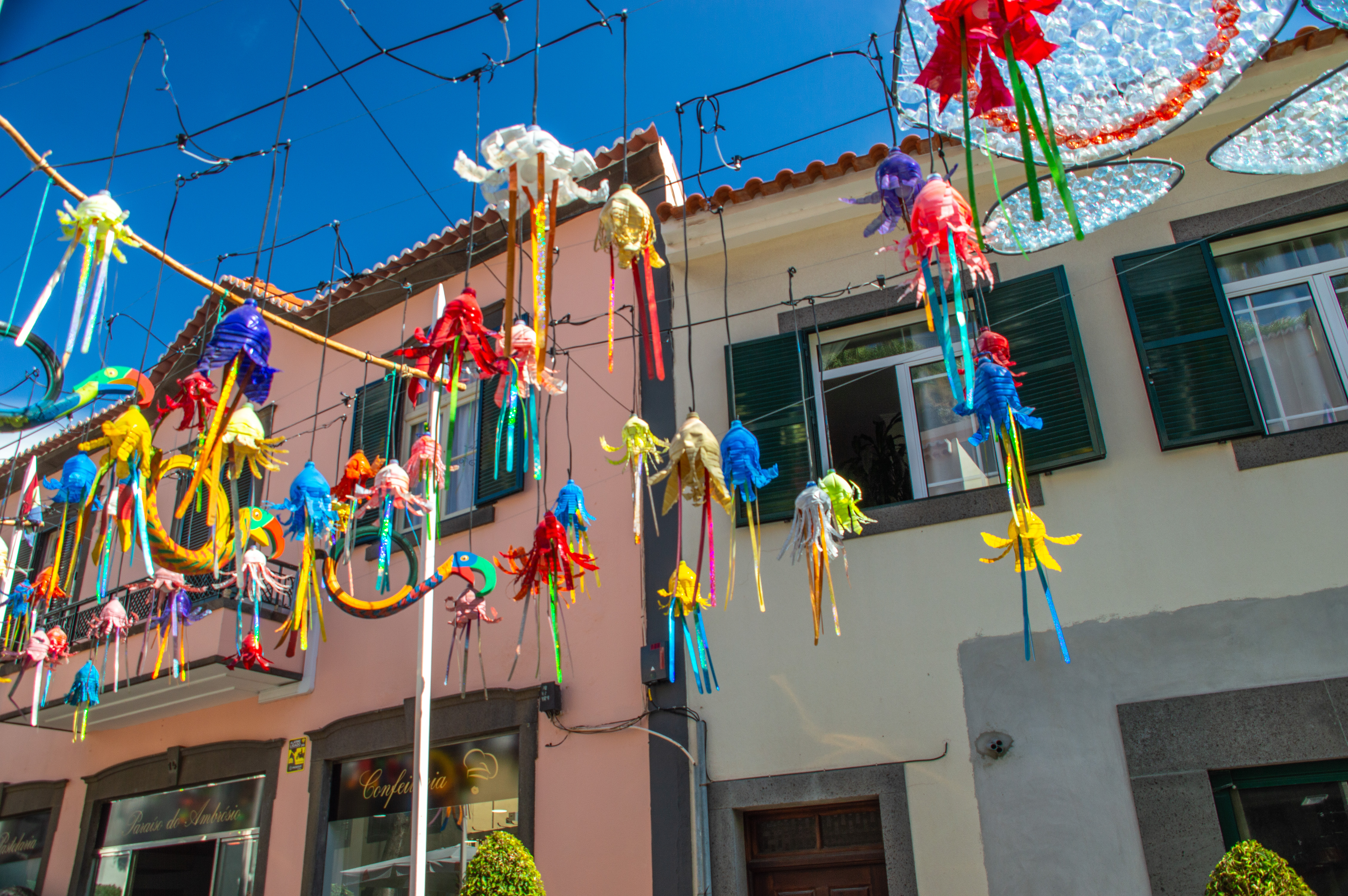 decorations include various shapes and designs, such as jellyfish and other abstract forms