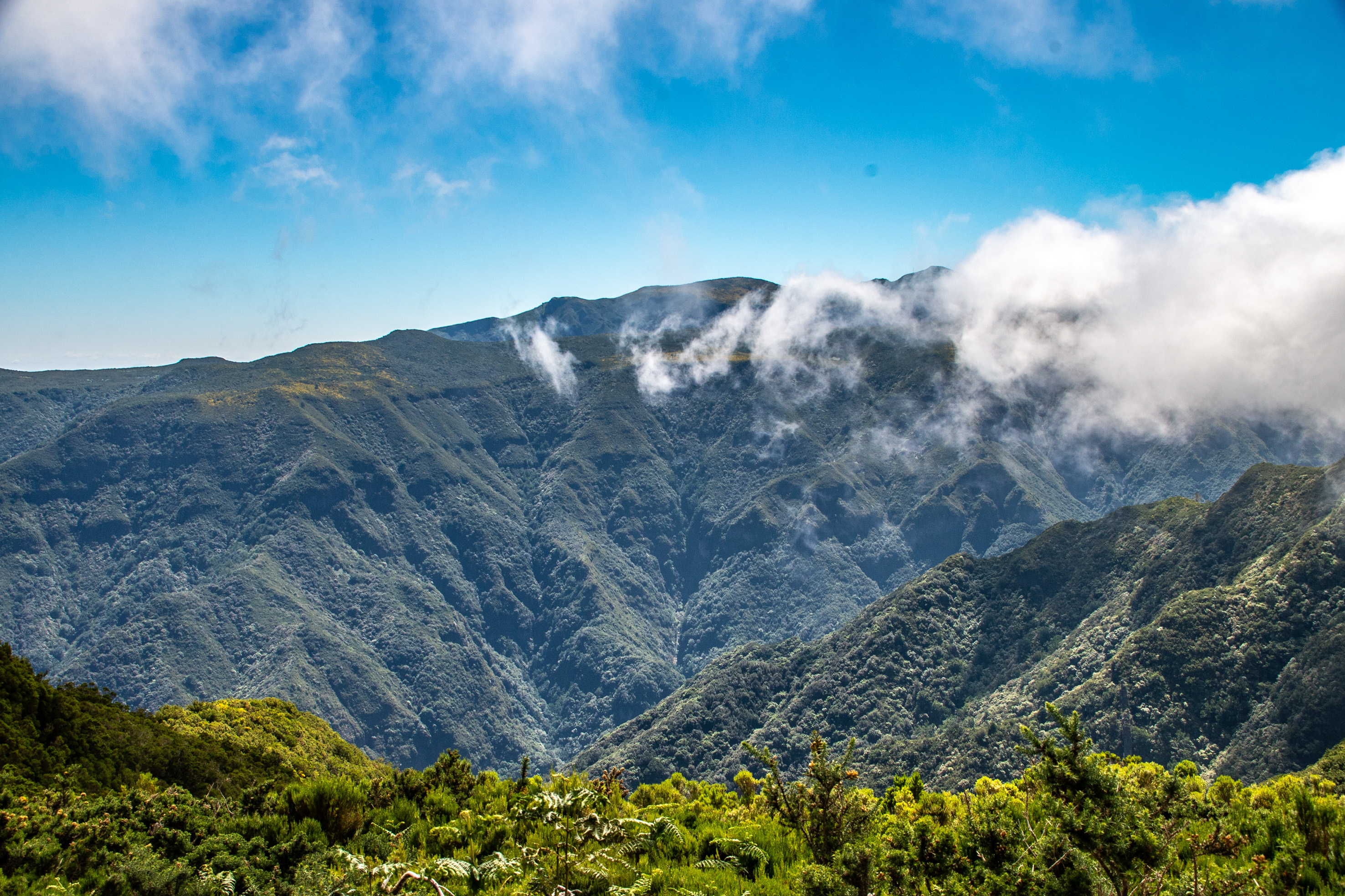 The peaks are partially shrouded in clouds