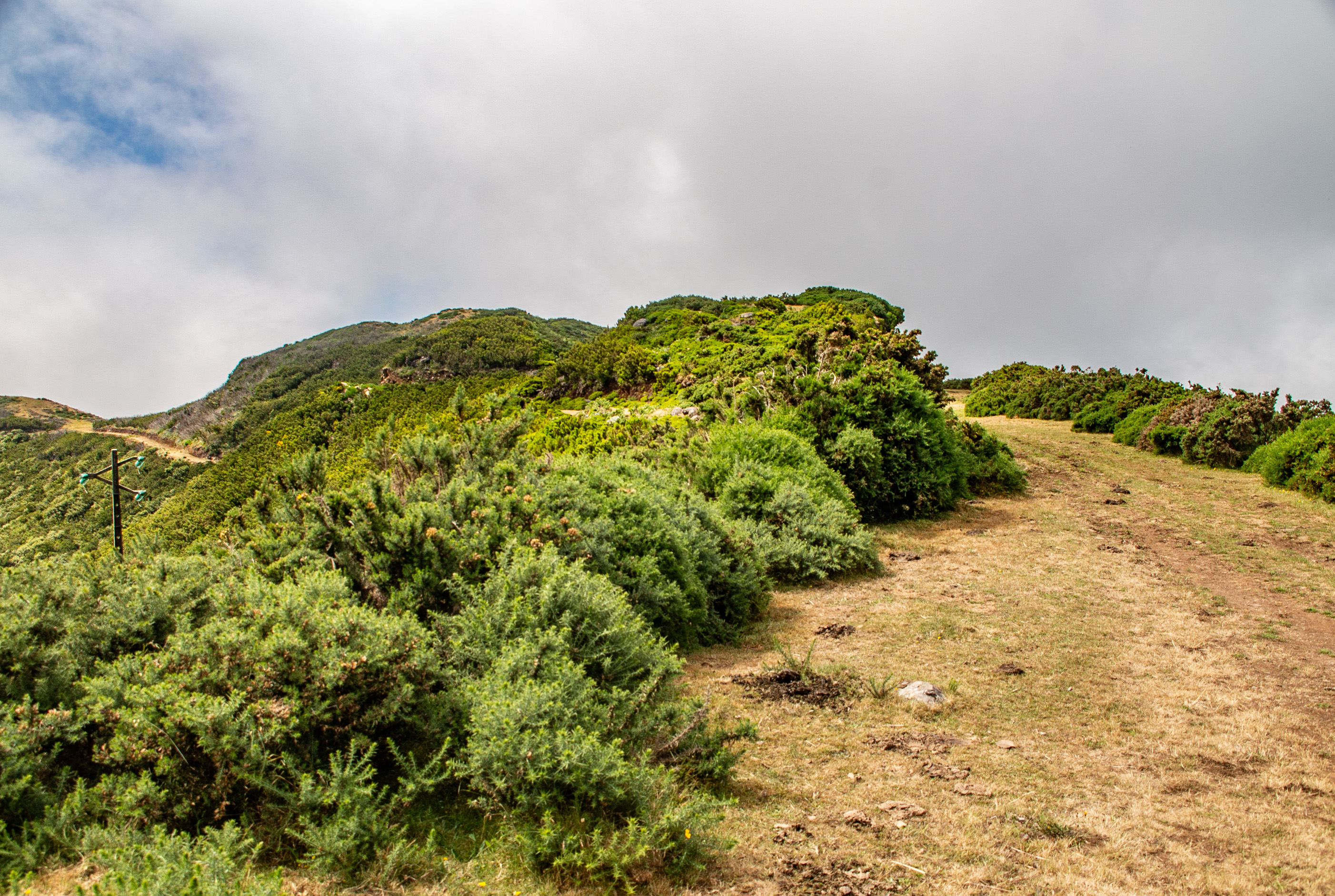 The hills are covered with a mix of green shrubs and dry grass