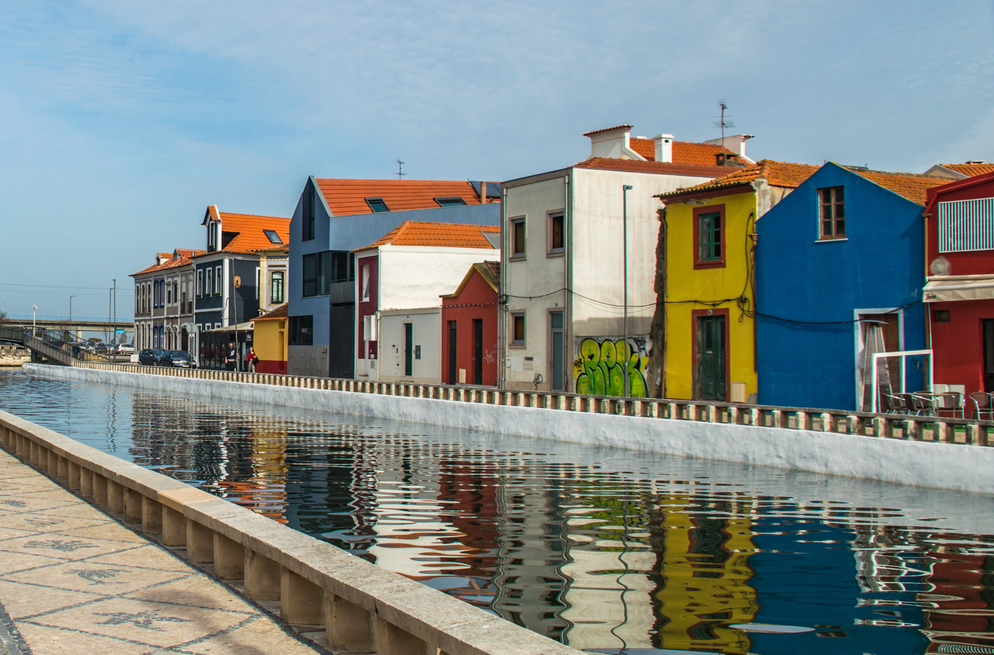 A picturesque scene of vibrant, multi-coloured buildings lining a calm canal, with the sky and buildings reflected in the water.