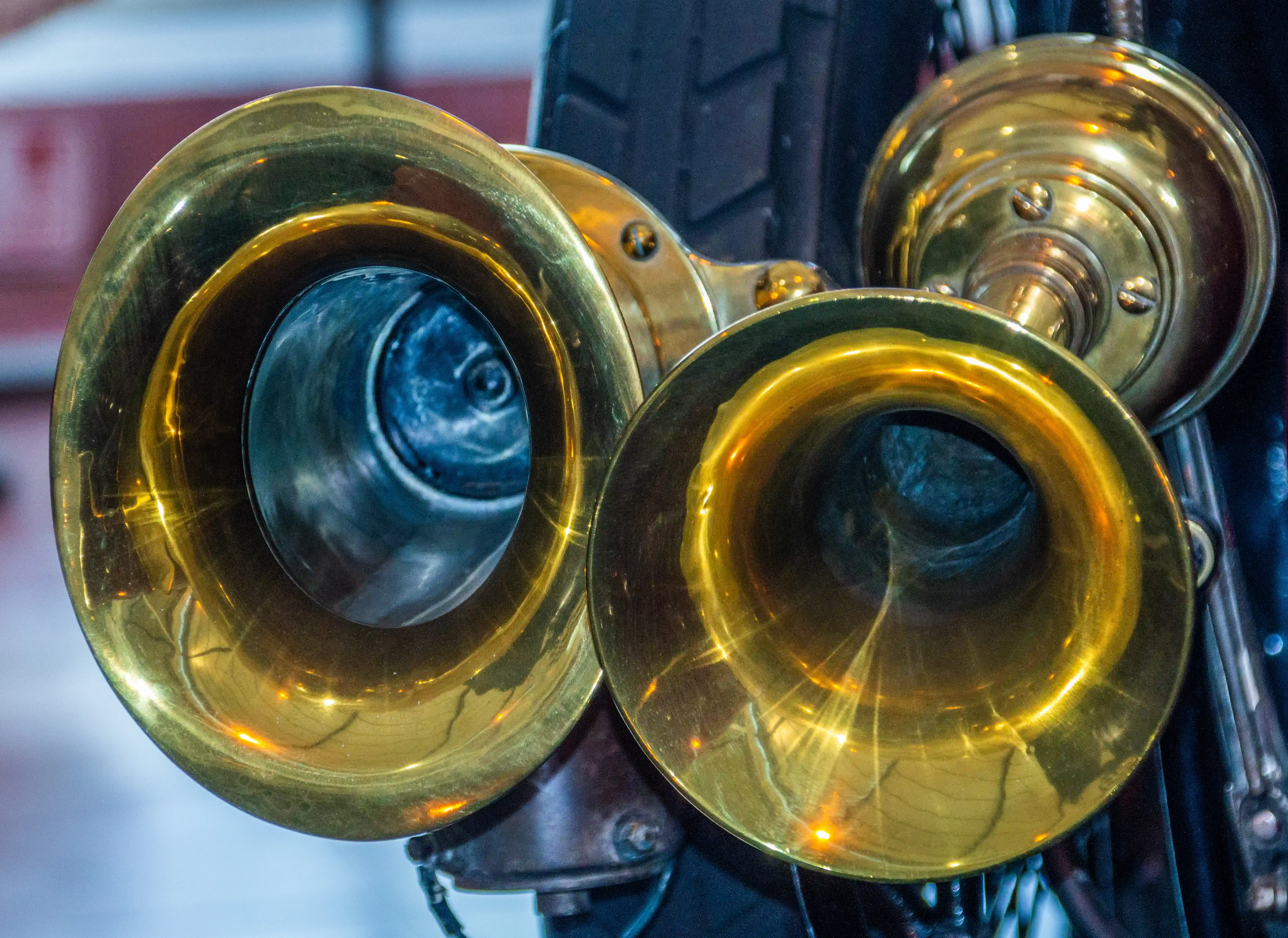 Two gleaming brass horns, one slightly larger than the other, mounted side-by-side. The interior of the horns is dark, with visible metallic detailing. Light reflects brightly off the curved surfaces.