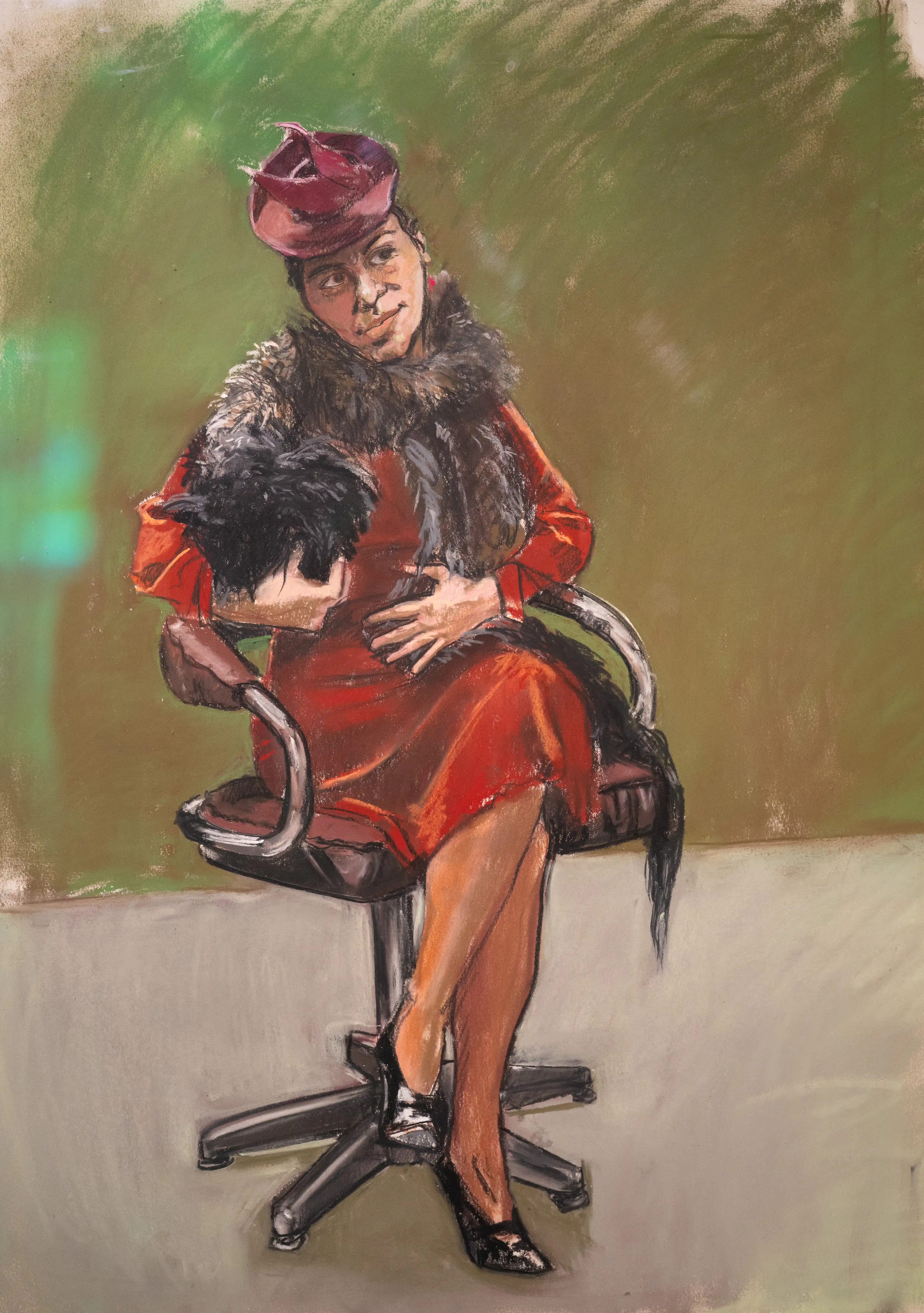 A pastel drawing of a woman in a red dress, fur collar, and hat, sitting on a stool and holding a small dog.