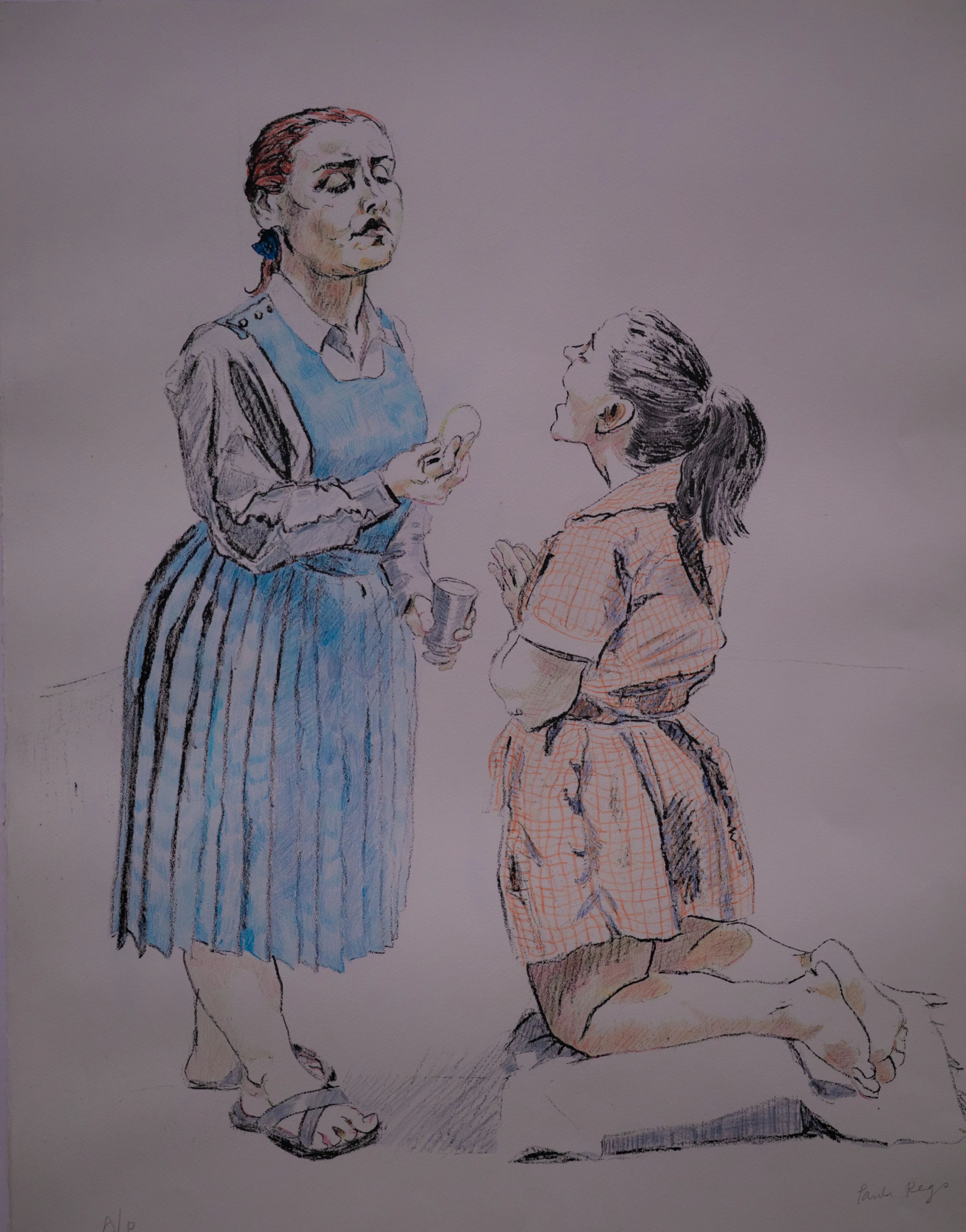A sketch of two children lying in repose, facing opposite directions. The child on the left wears a striped shirt and dark shorts, while the child on the right wears a checkered dress. The artwork is signed 'Paula Rego' in the lower right corner.