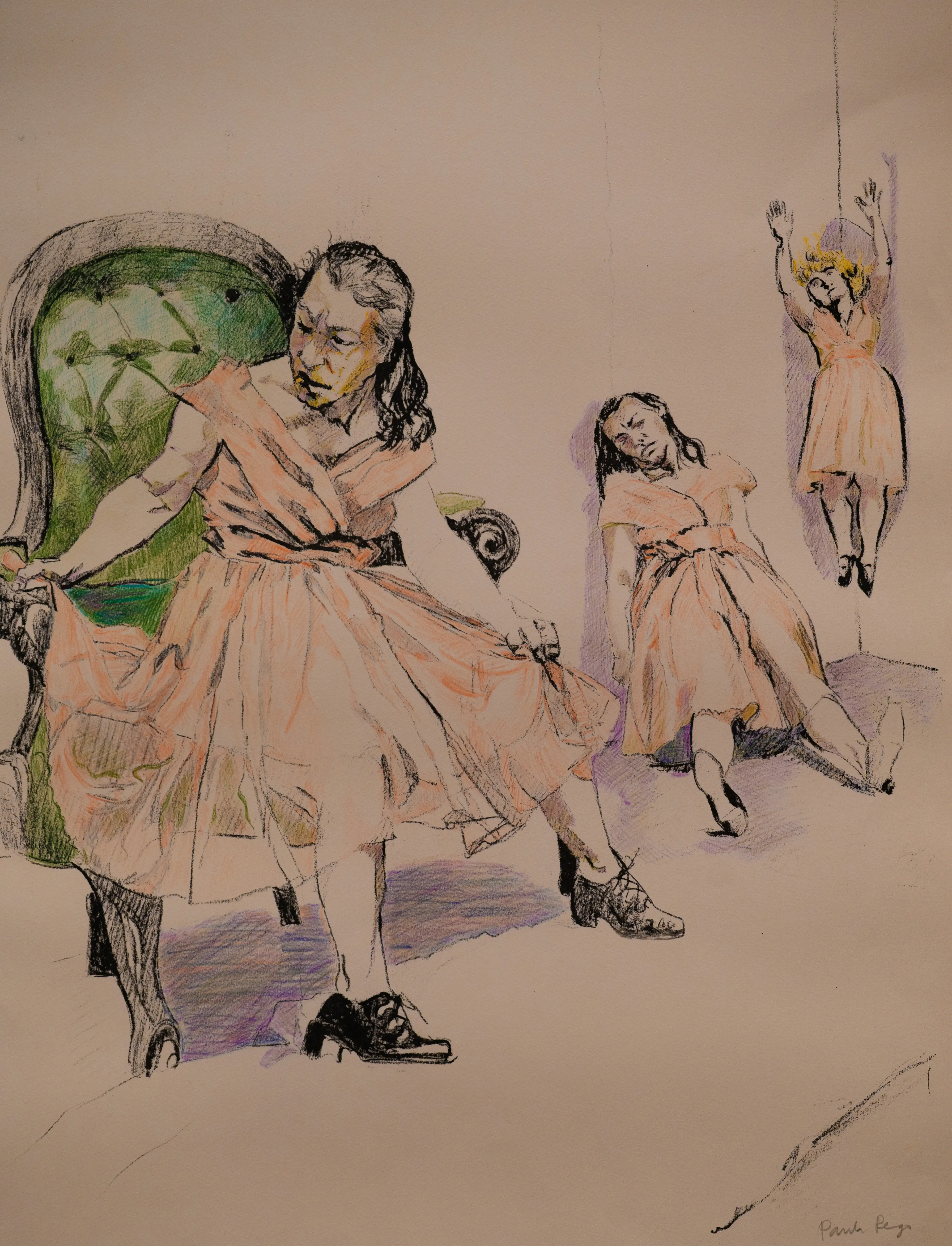 A drawing on paper shows three women in peach-coloured dresses. The woman on the left is seated in a dark green chair and lifting her dress. The woman in the middle is leaning against a wall. The woman on the right is hanging by a rope from above. All figures are drawn in a sketch-like style with charcoal and pastel.