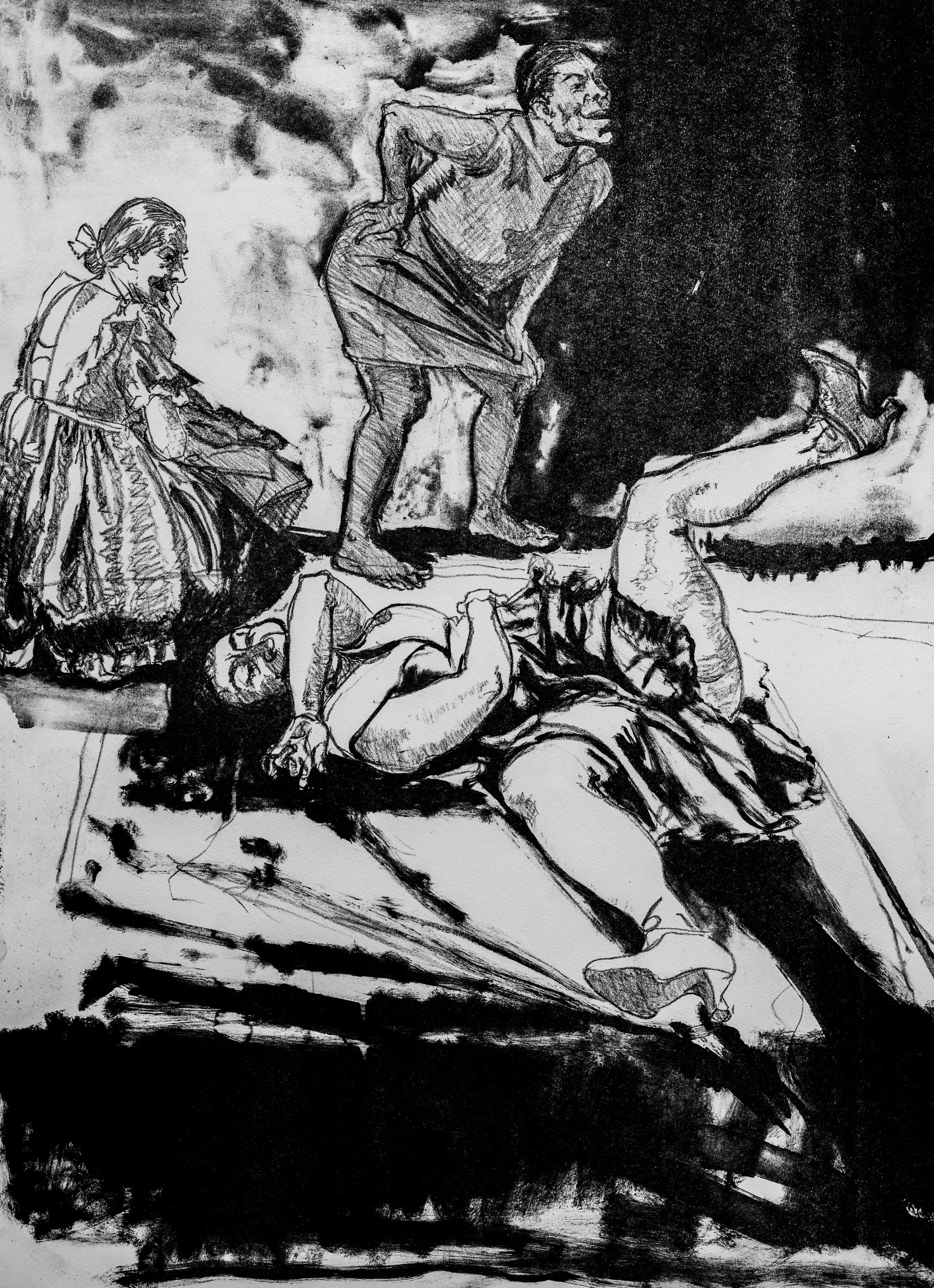 A black and white lithograph showing three figures in a dramatic, unsettling scene. One figure lies on their back on the ground, another stands over them, and a third sits to the left.