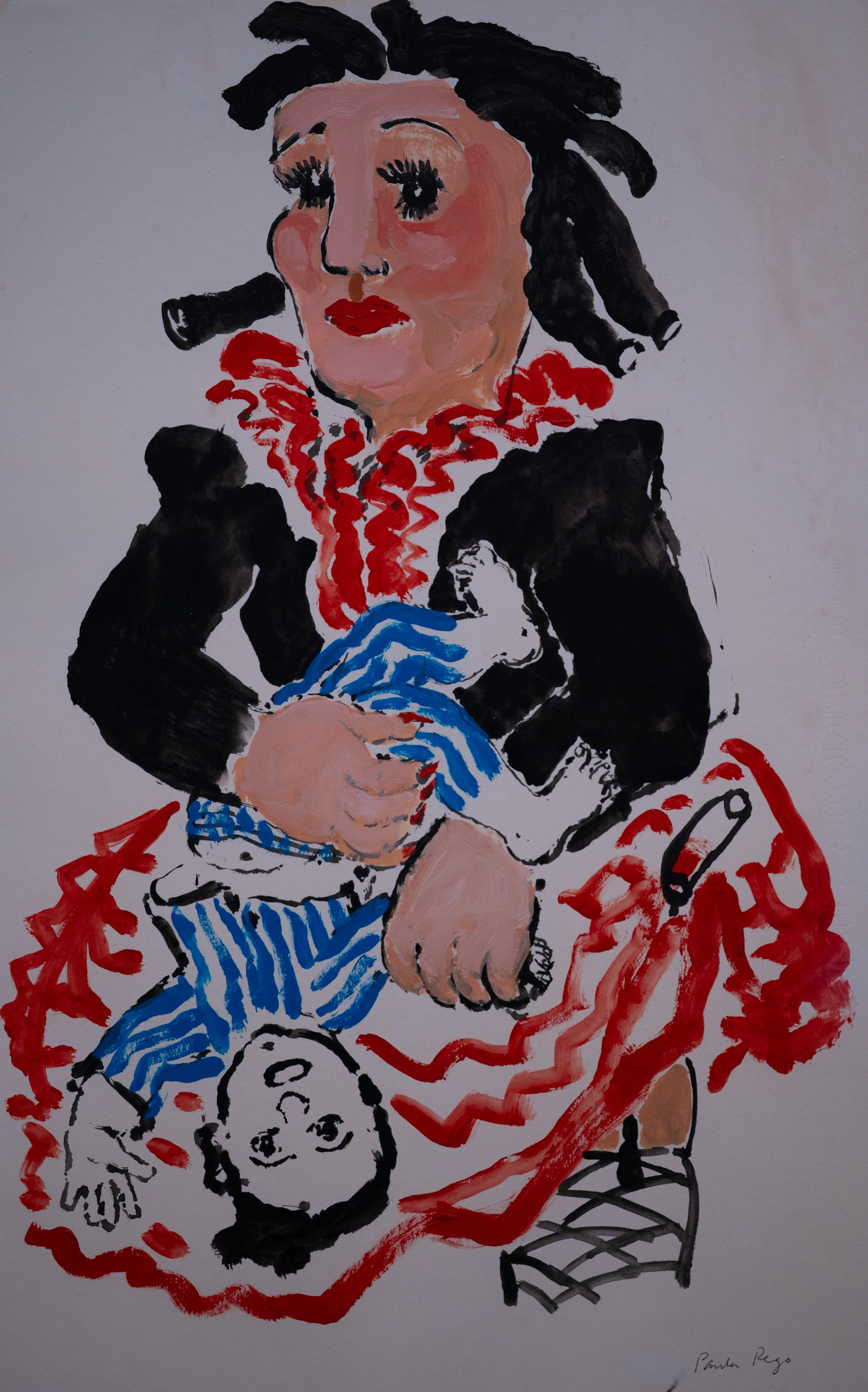 An artistic painting of a woman holding a baby. The woman has dark hair styled in curls, heavy eye makeup, and bright red lipstick. She wears a black jacket with a frilly red collar and trim on her skirt. The baby she holds is dressed in blue and white striped pyjamas, and its head is tilted back, showing its face.