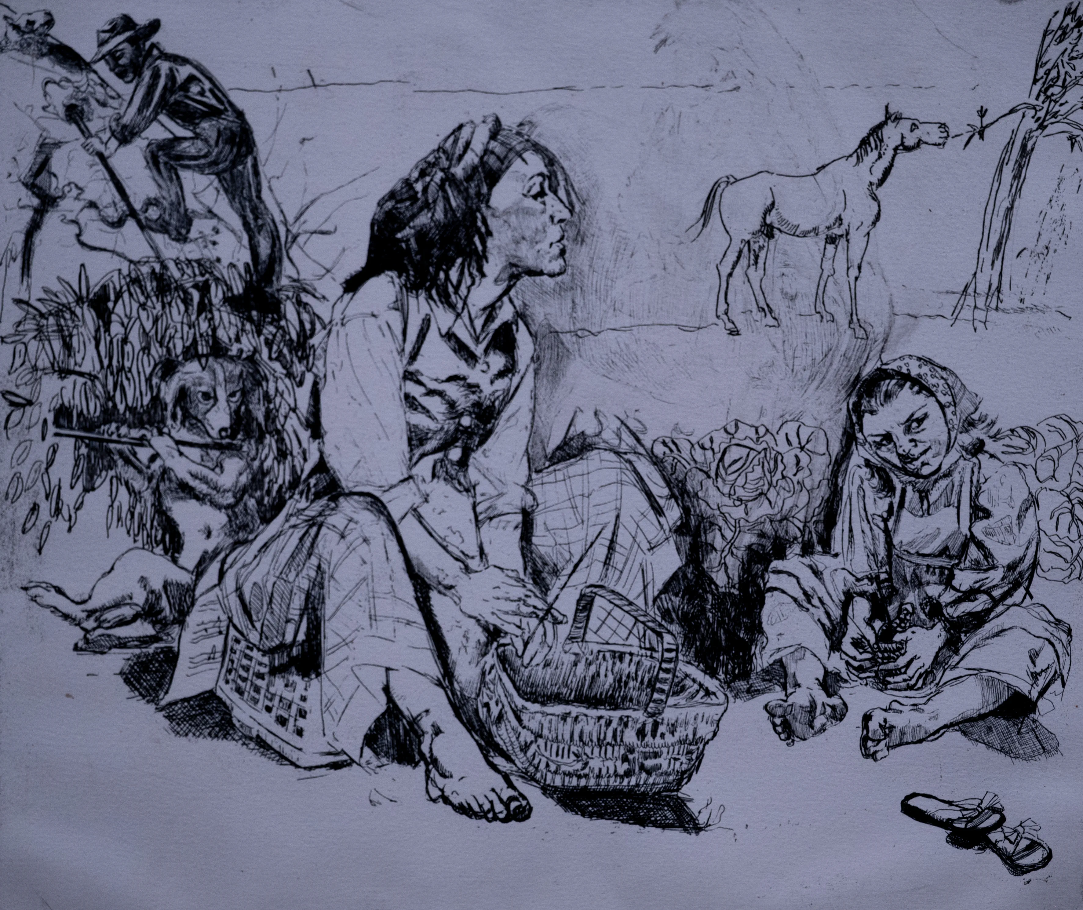 An etching shows a group of people and a horse in a rural setting. Two women and a child are sitting on the ground. A man is in the background, and a dog is near some plants.