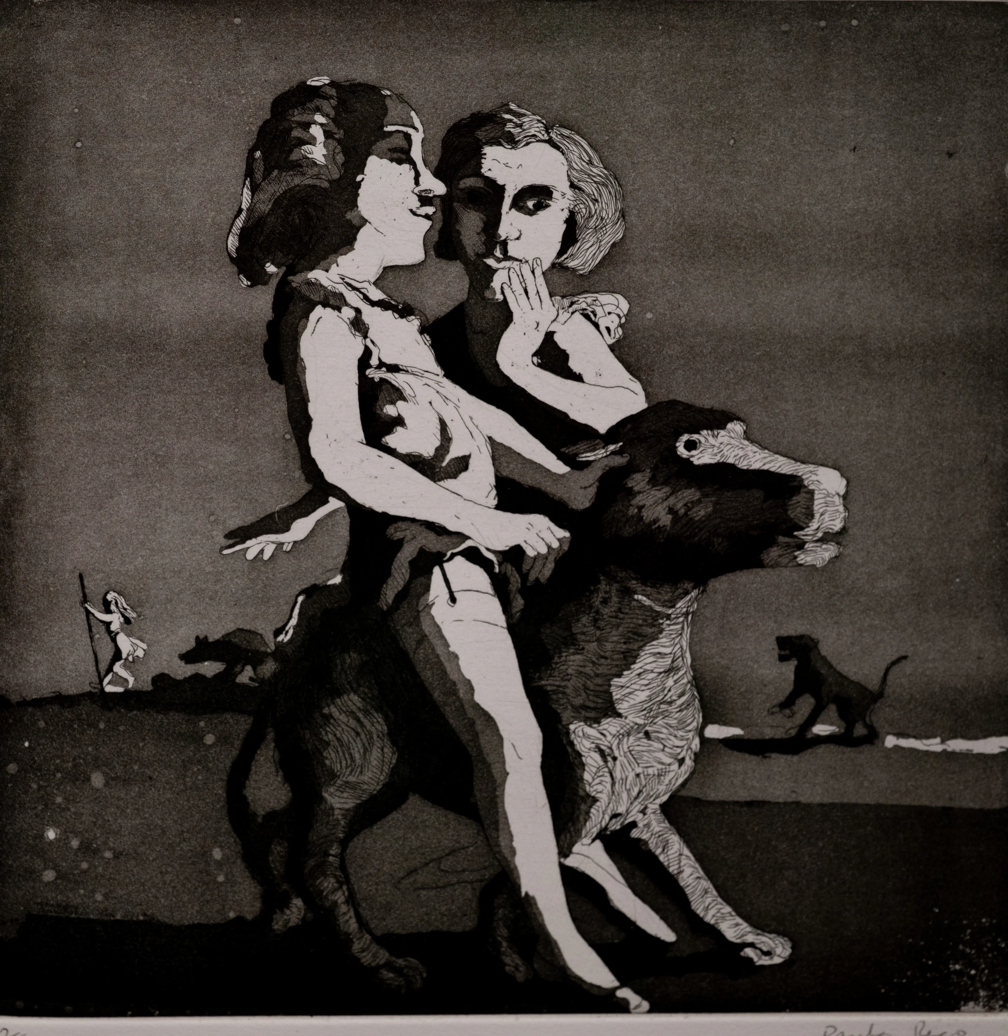Black and white etching of two figures riding a mythical creature. One figure leans in to whisper to the other. Smaller figures and animals are visible in the background.