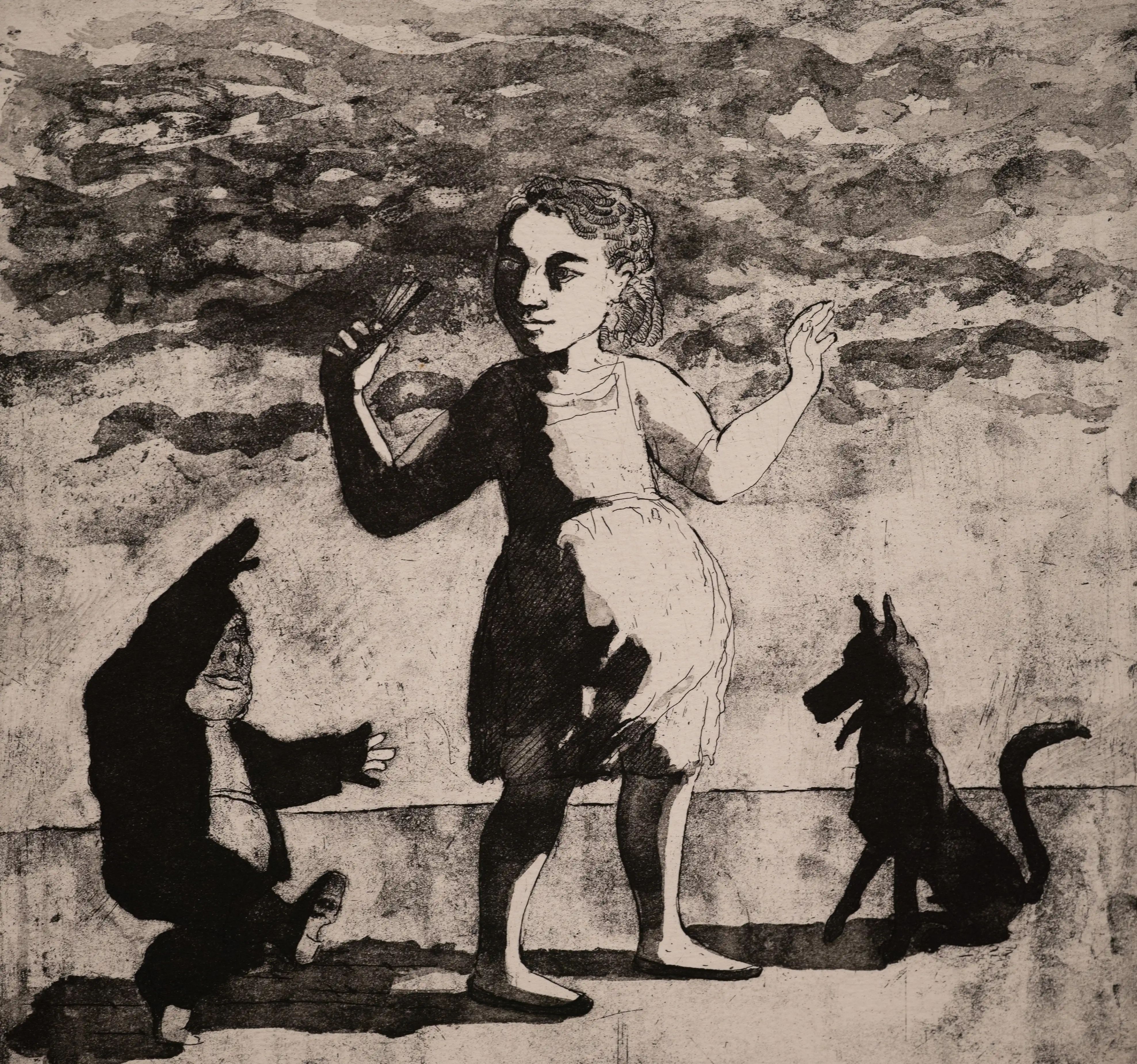 A black and white etching of a young girl standing with a strange, dark figure and a dog.