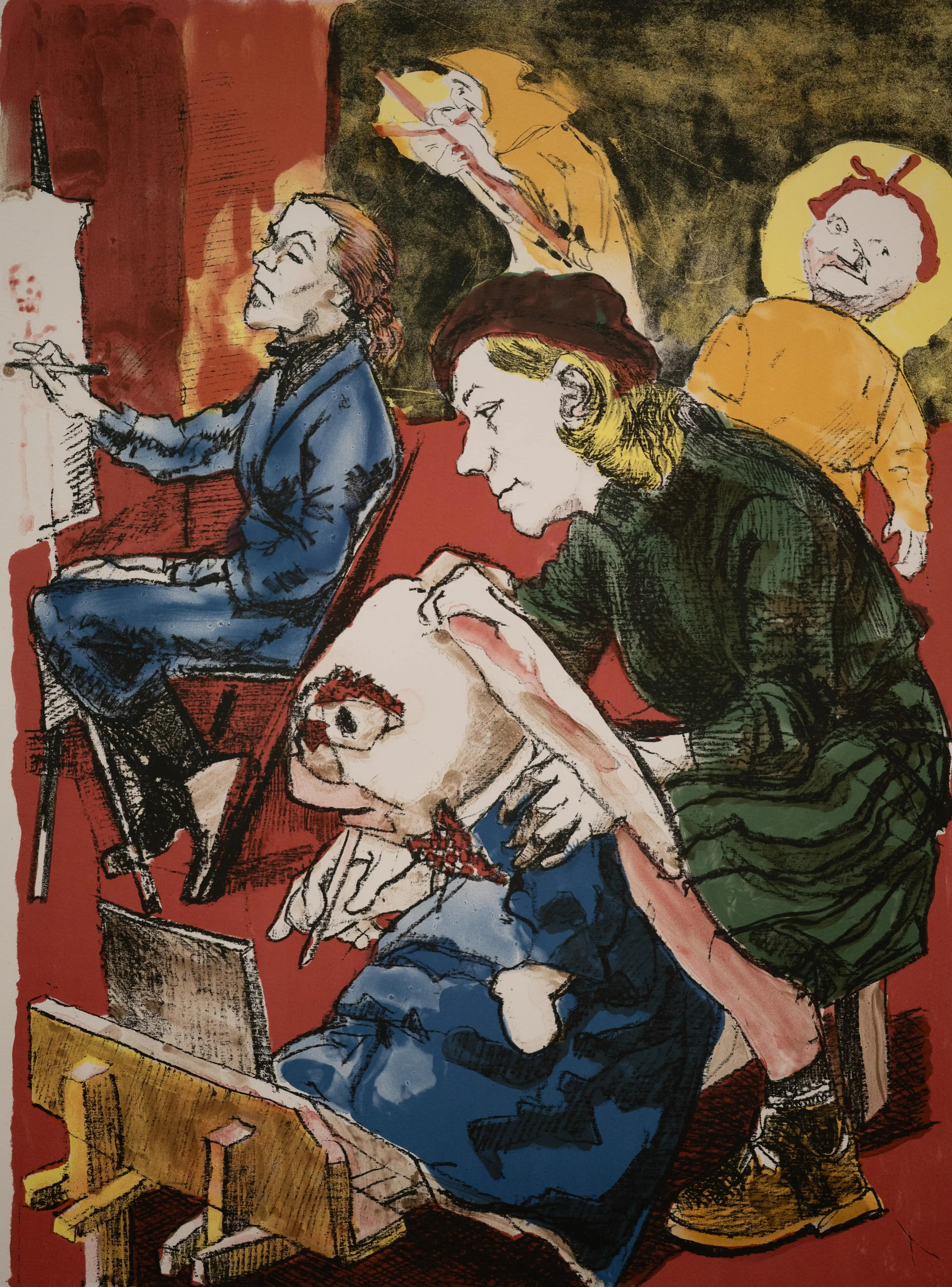 A colourful art print depicting several individuals engaged in drawing and painting within a studio. One person in a blue suit is drawing at an easel to the left. In the centre, a person wearing a green jumper and a maroon beret leans over a sketchpad, working on a figure wearing a blue jacket and red bow tie. In the background, two figures are rendered in yellow and orange hues. The print is signed 