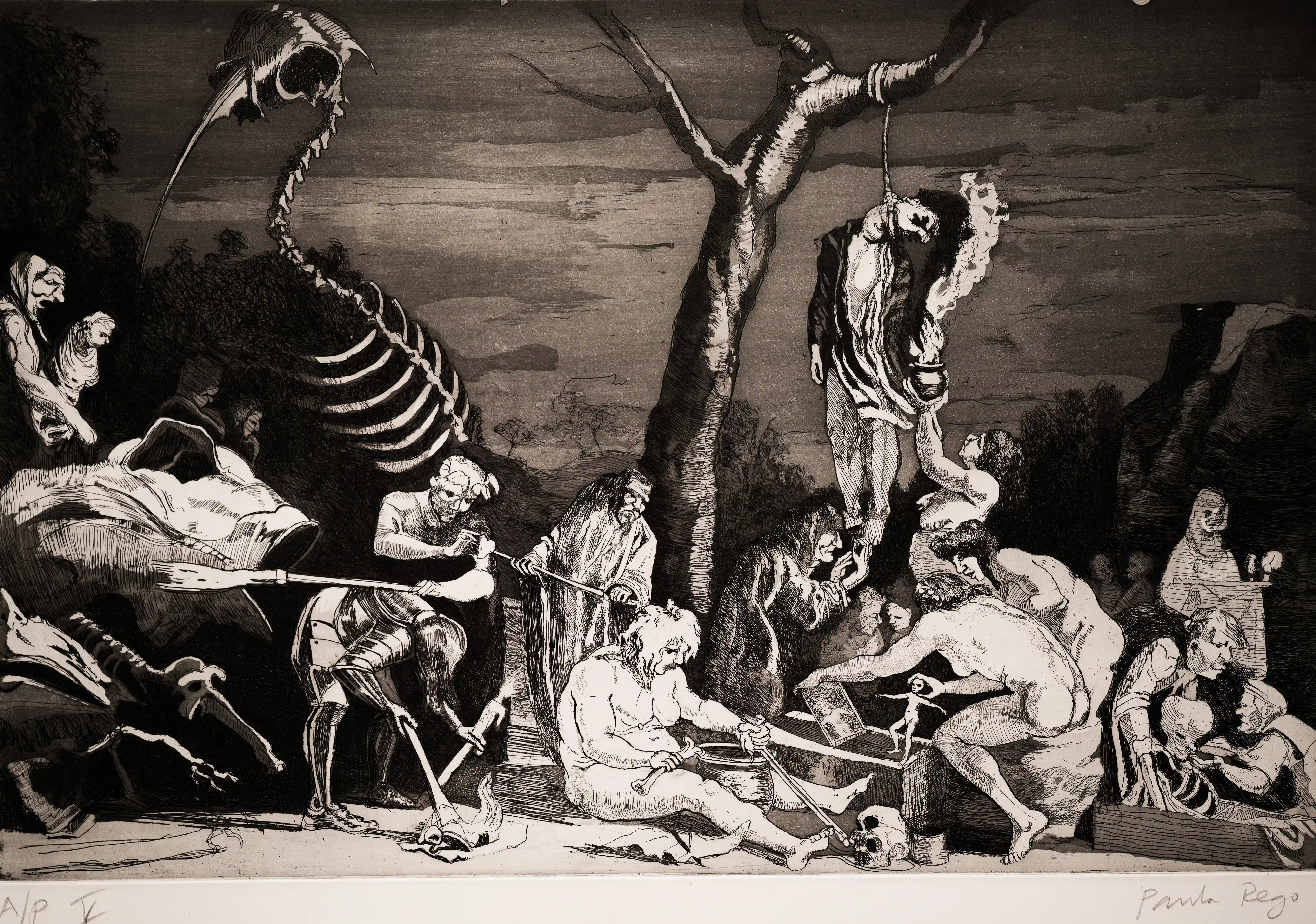 An unsettling etching by Paula Rego featuring a scene of death and torture, with skeletal figures, a hanged person, and various individuals interacting with the morbid environment.