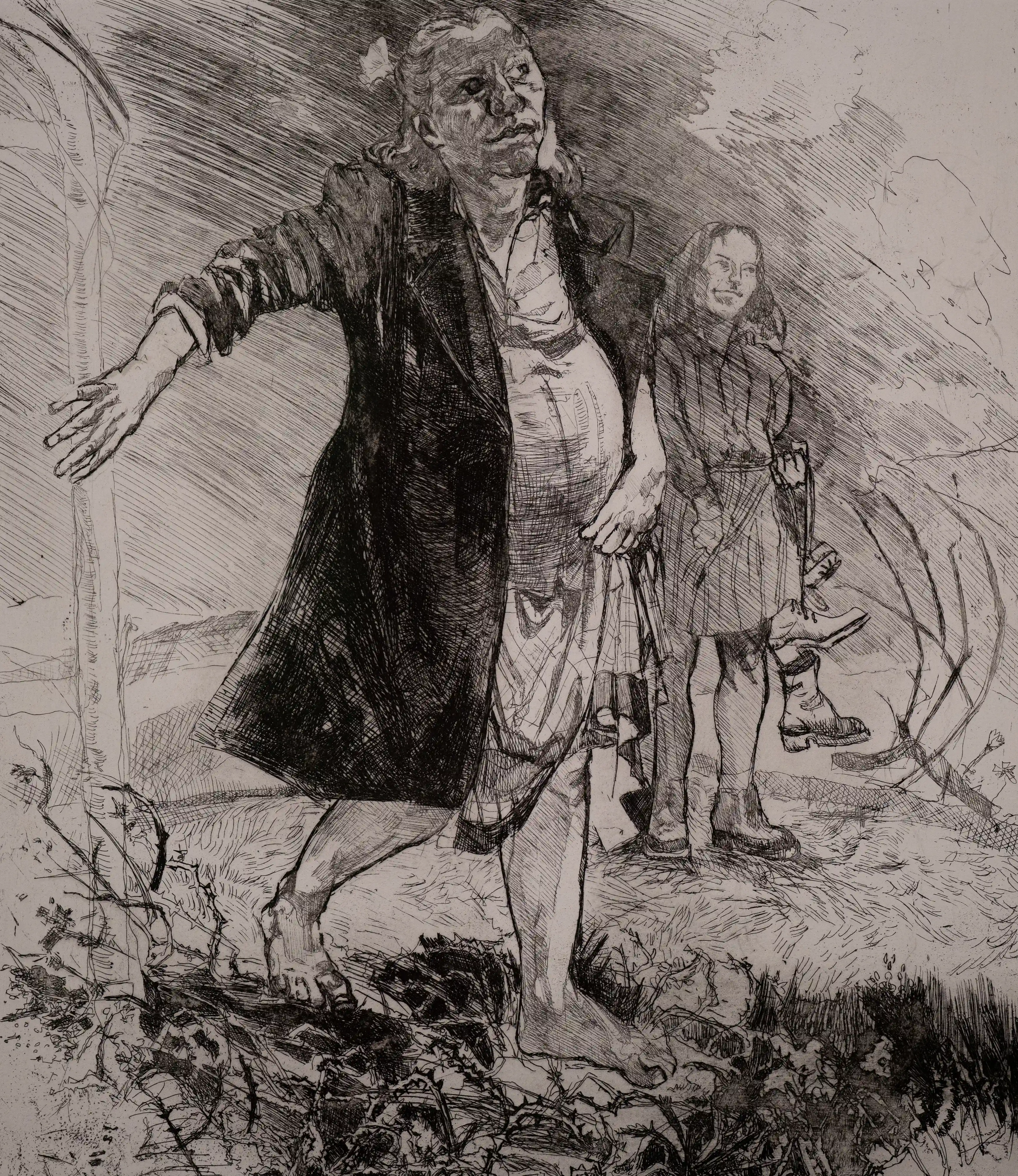  Etching by Paula Rego of two figures. A prominent figure in a dark coat walks with bare feet, gesturing with their left hand. Behind them, a smaller figure stands holding a boot.