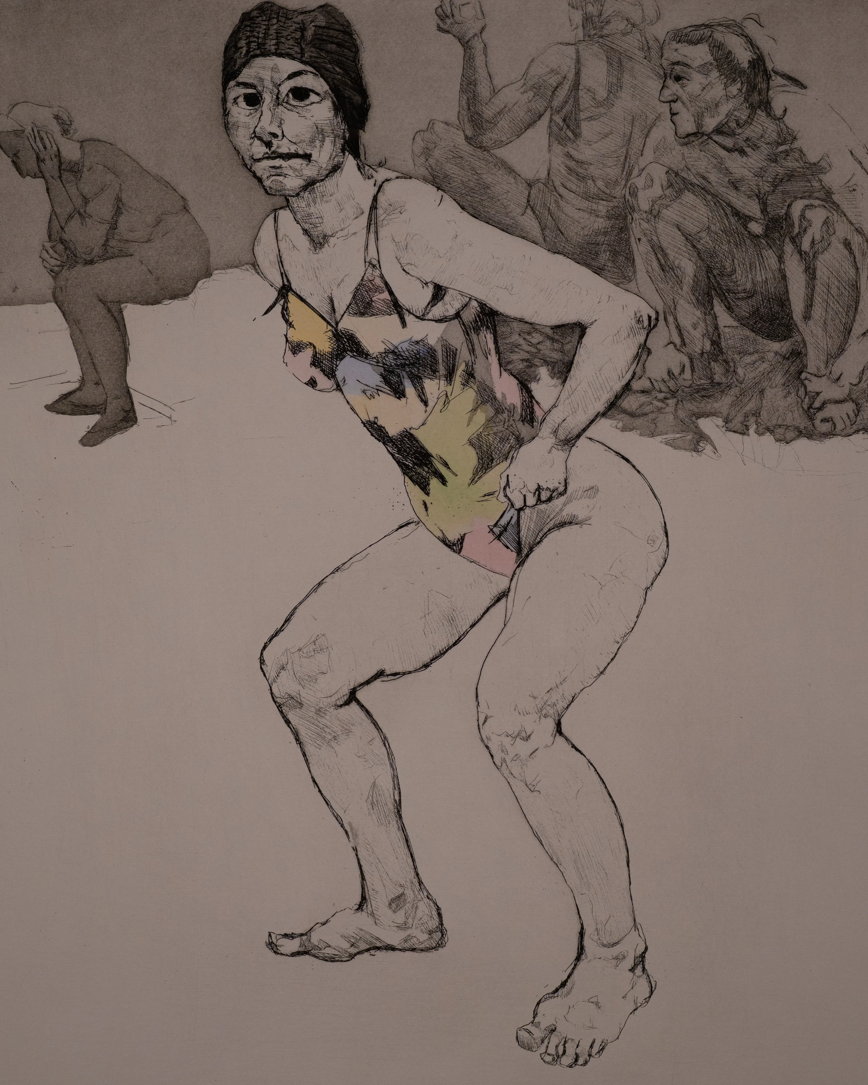 An etching by Paula Rego depicting a woman in a swimsuit in the foreground, bending forward with her hand near her groin. Behind her, three other figures are visible