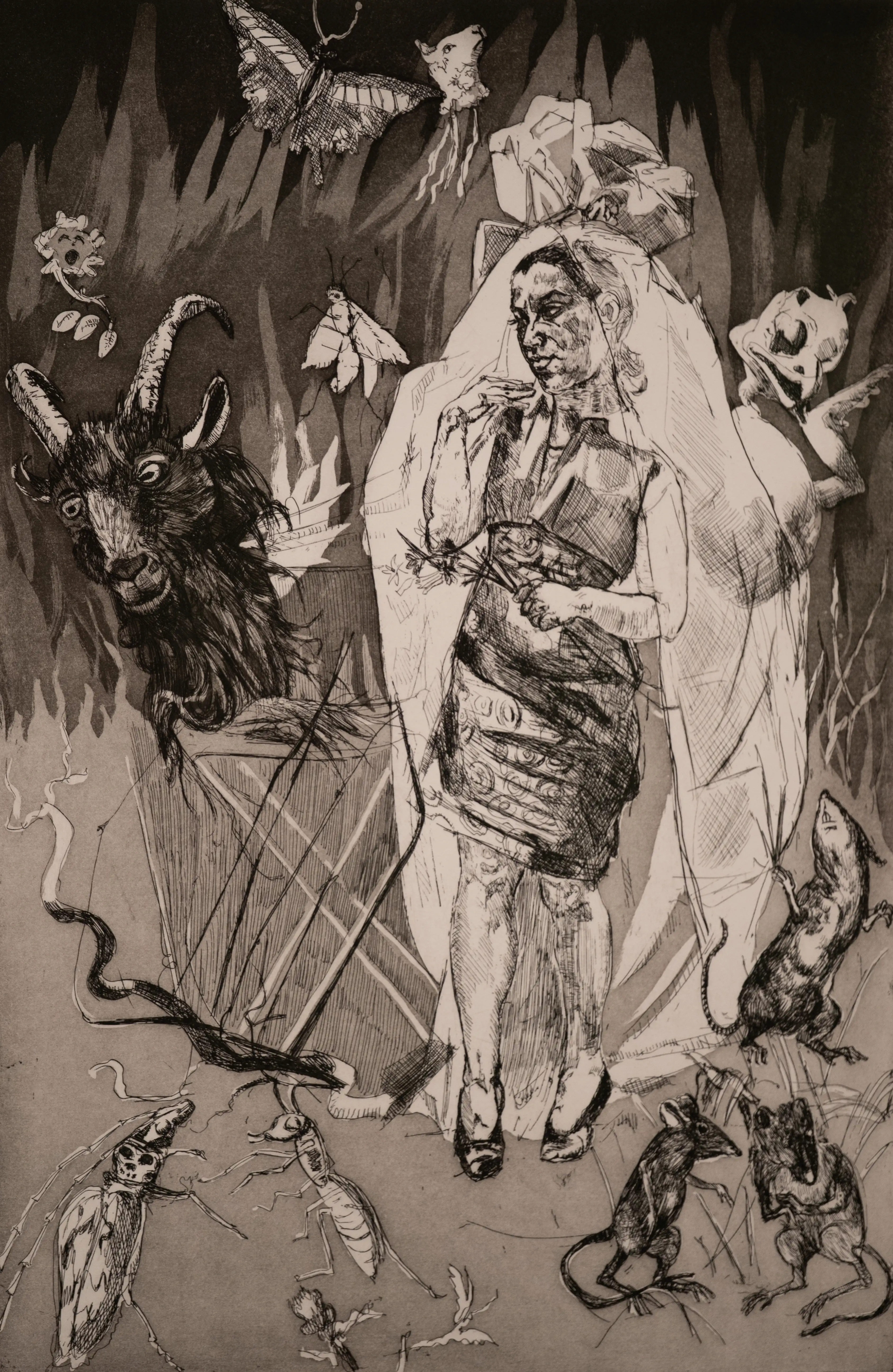 An etching showing a woman in a veil holding flowers, surrounded by a goat's head, a snake, insects, rats, and butterflies.