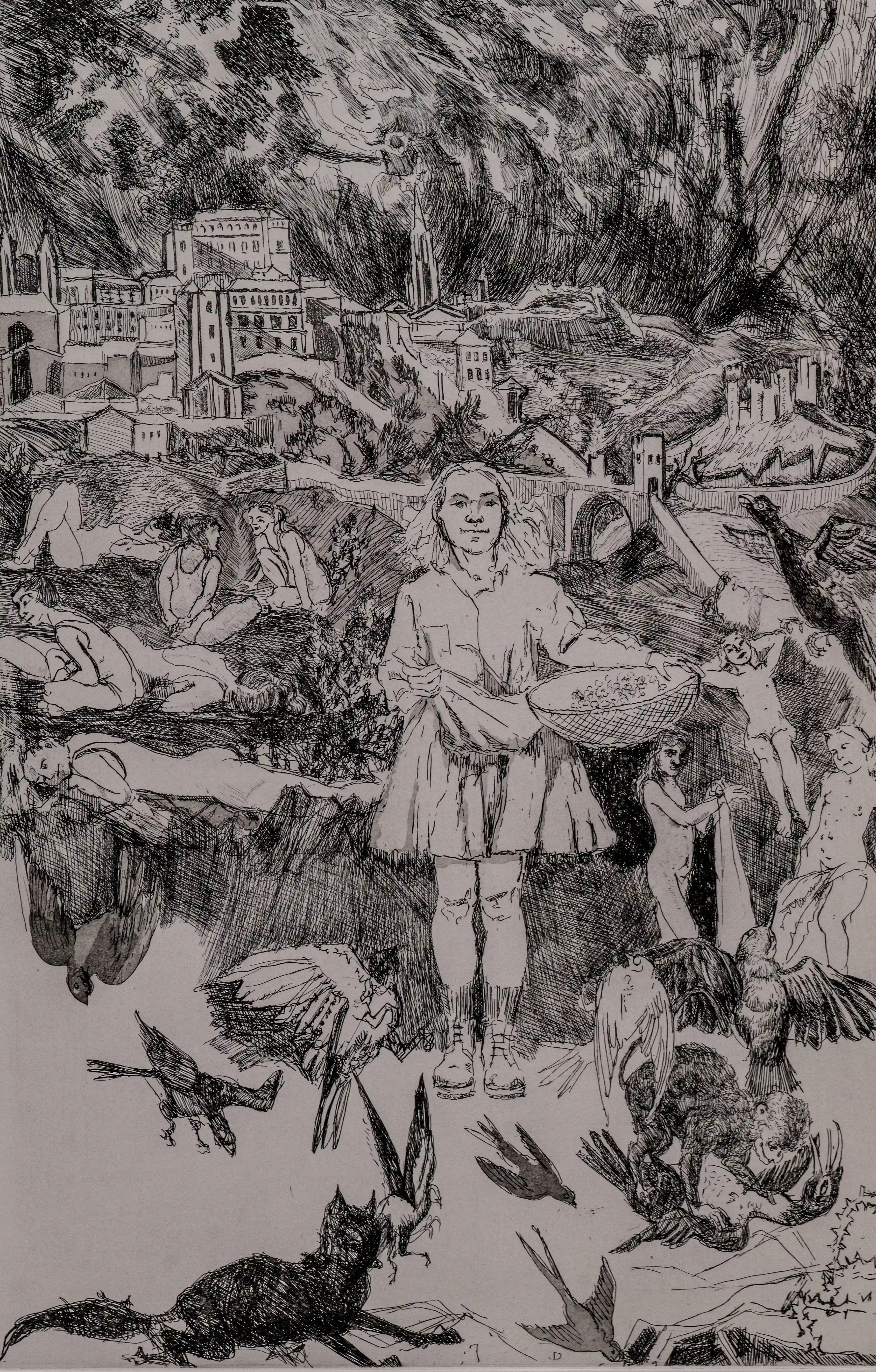 Eerie Landscape with Basket-Bearing Girl and Avian Figures