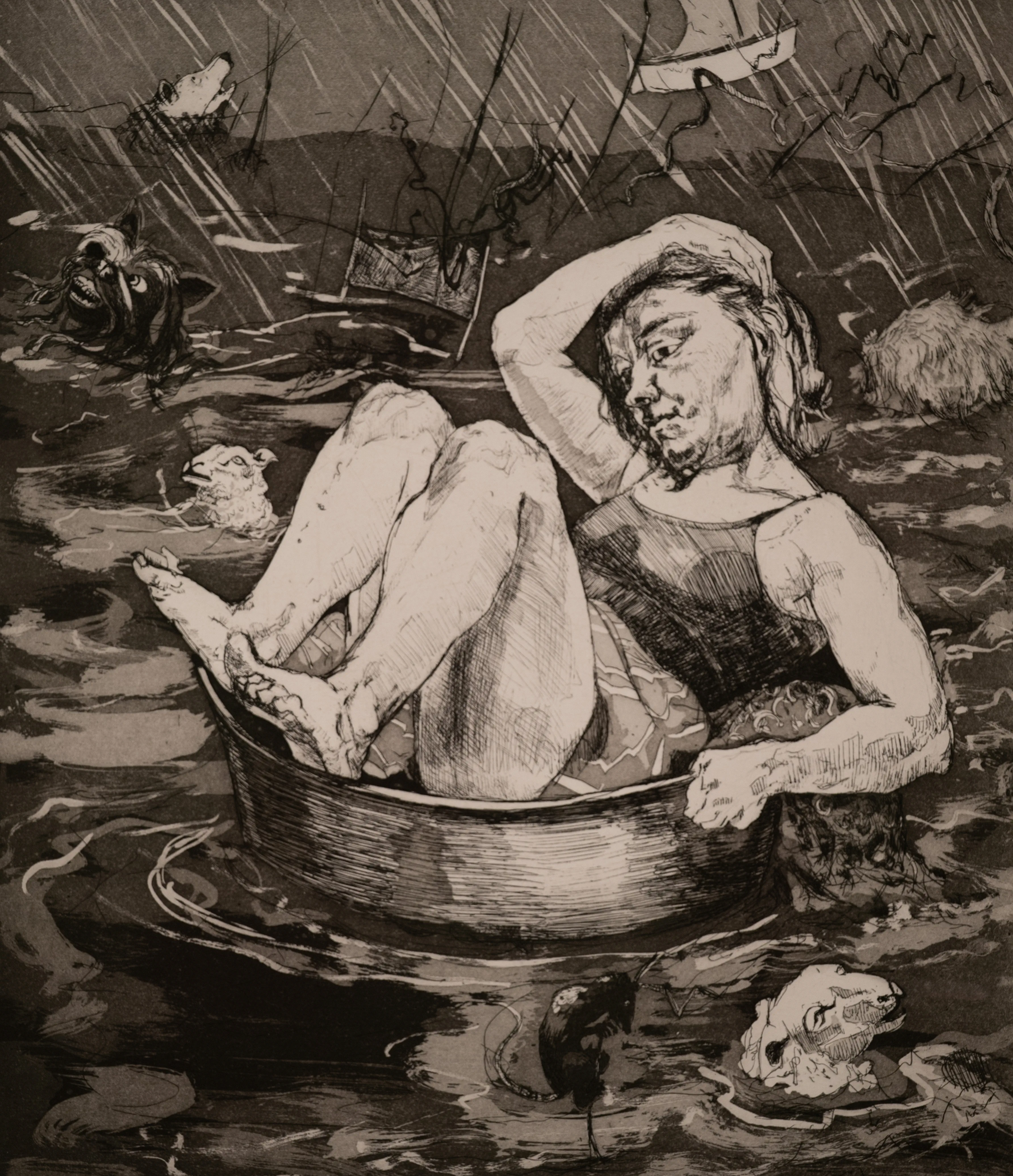 Black and white etching of a woman in a bathing suit sitting in a tub afloat in a dark, choppy sea. She is looking to the side with her hand on her head. Around her, the water is filled with strange, dark shapes, including what looks like animal heads, small sailing vessels, and a rat. Rain or storm lines are visible in the background.