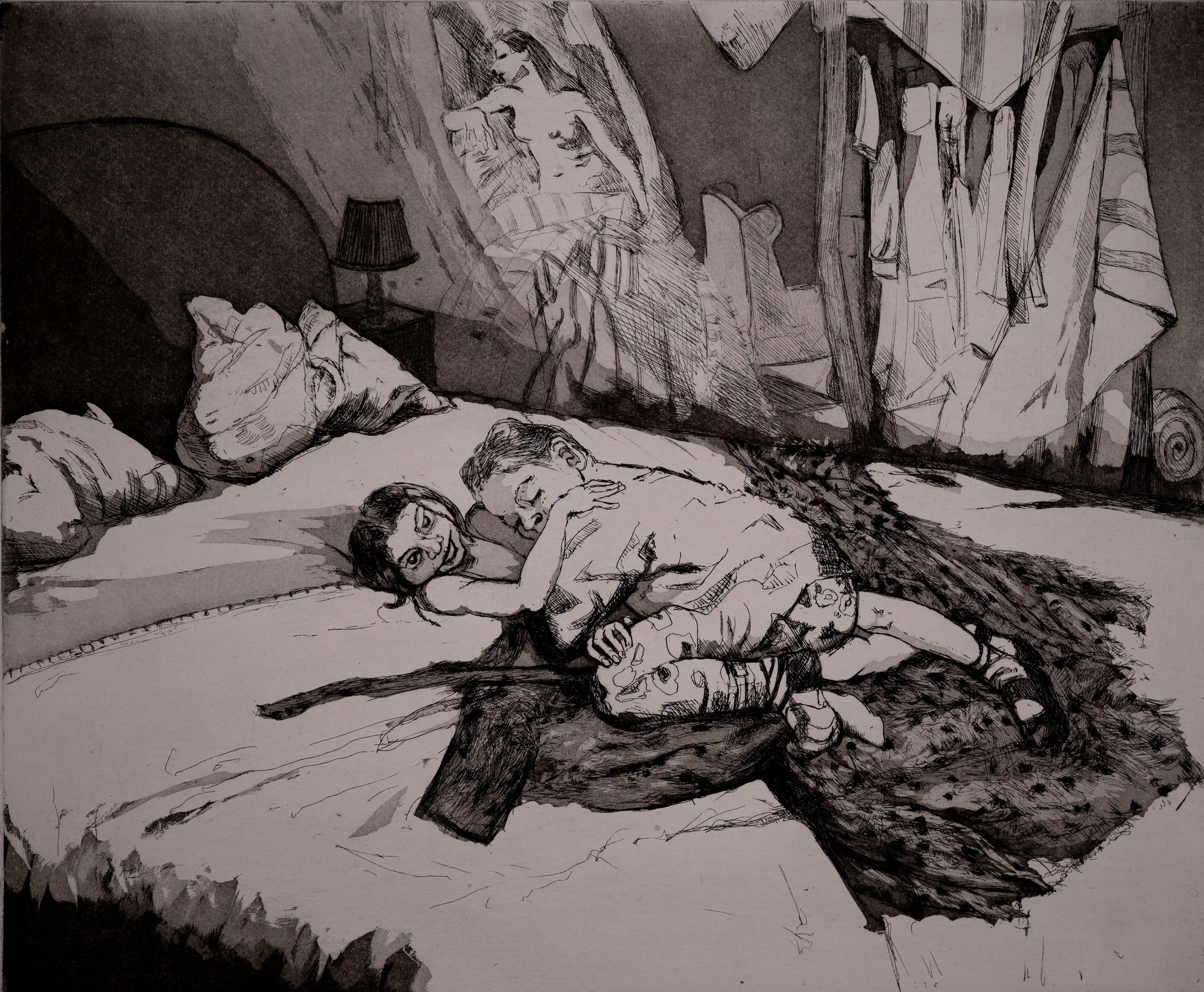 A monochromatic etching of a mother and child lying together in repose. The mother cradles the child close to her, and the background includes abstract, textured elements like a lamp and draped fabrics.