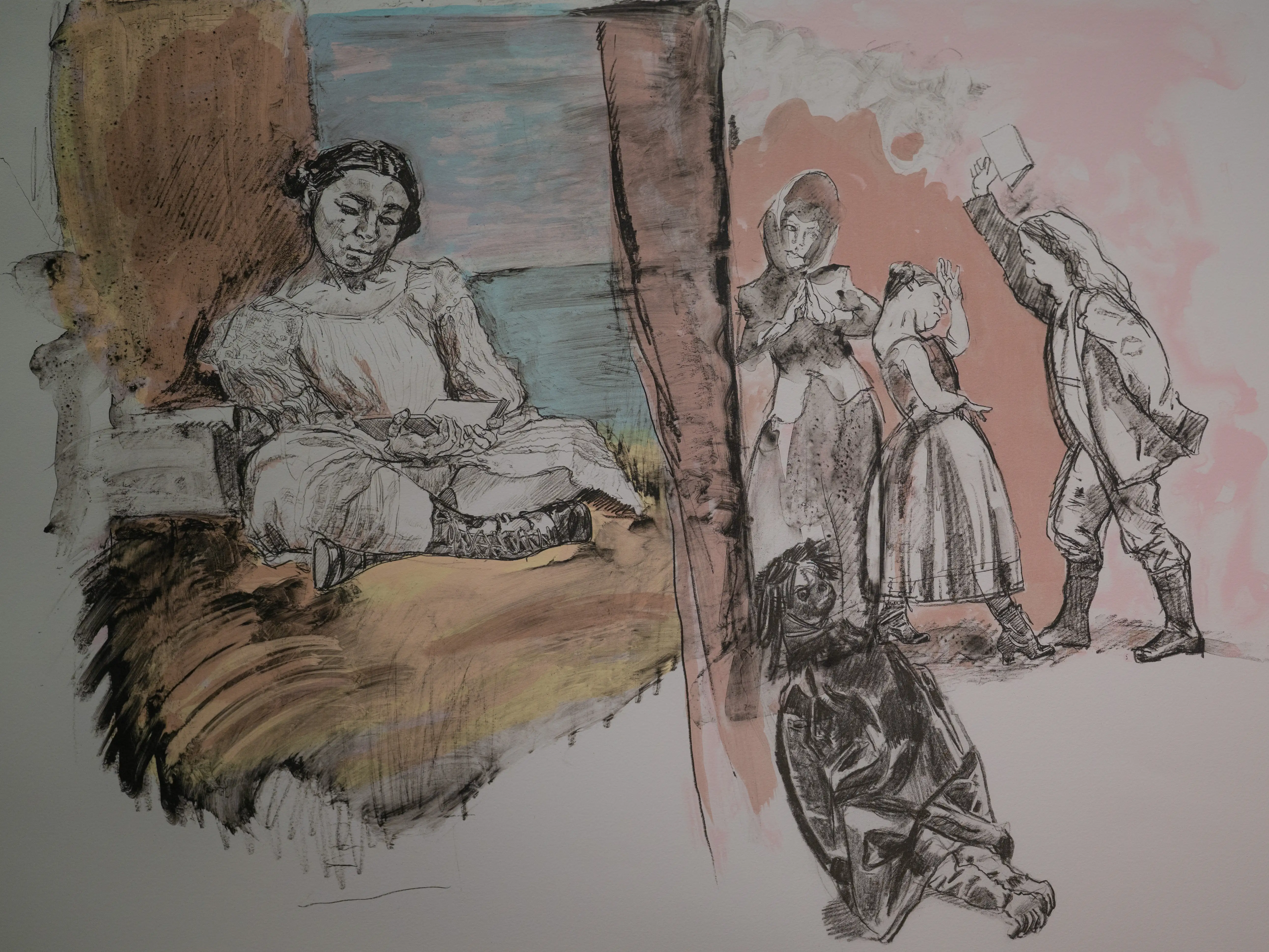 Ink and watercolour drawing of a split scene. On the left, a woman sits reading a book. On the right, several figures stand and sit, with one person holding a book above their head.