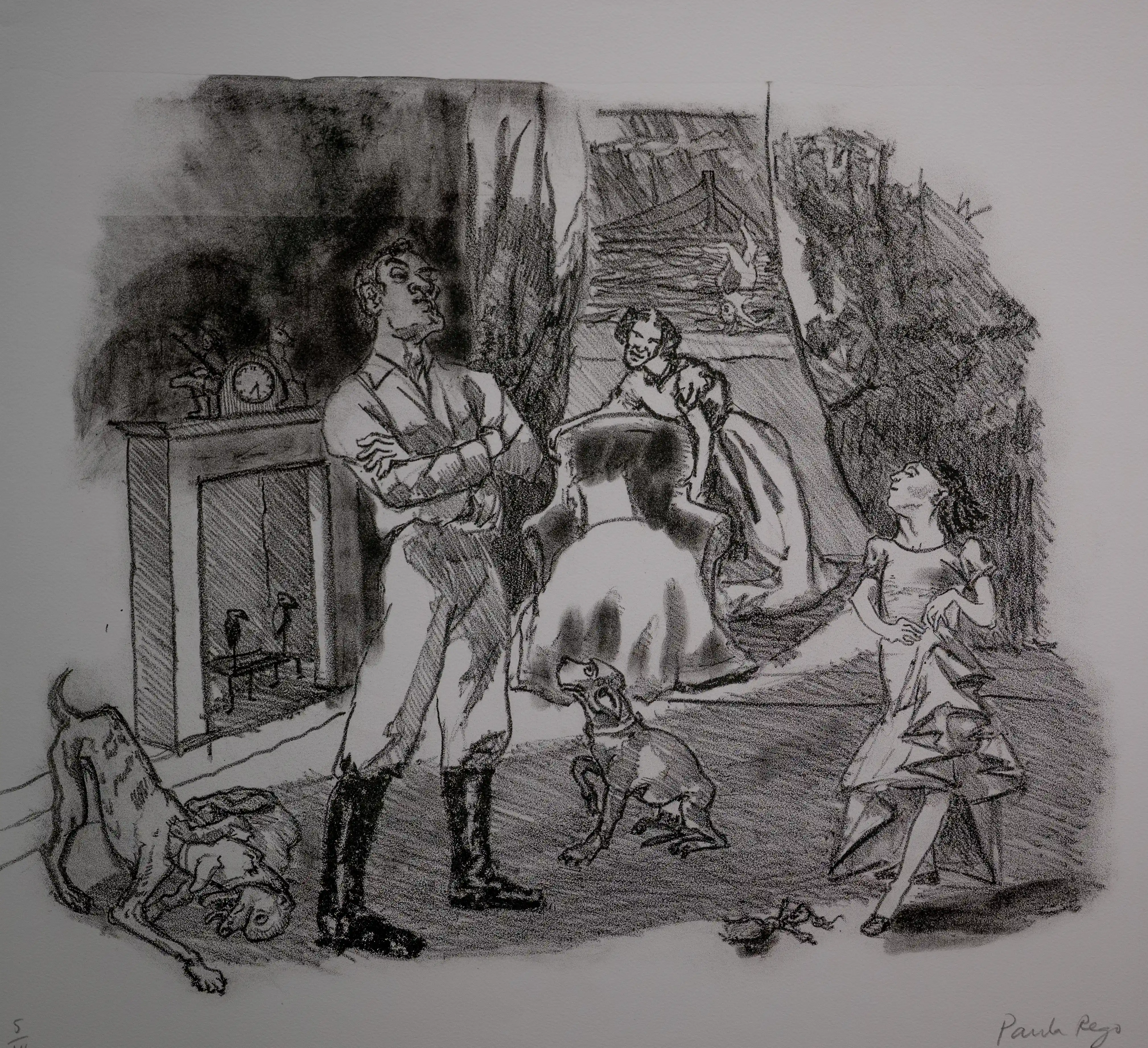 A charcoal drawing of a scene with a man in riding breeches and boots standing with his arms crossed, looking upwards. Beside him, two dogs are present, one appearing to chew on something. In the background, two women are depicted, one seated and the other standing, looking towards the man. The drawing is framed by a light wooden border.