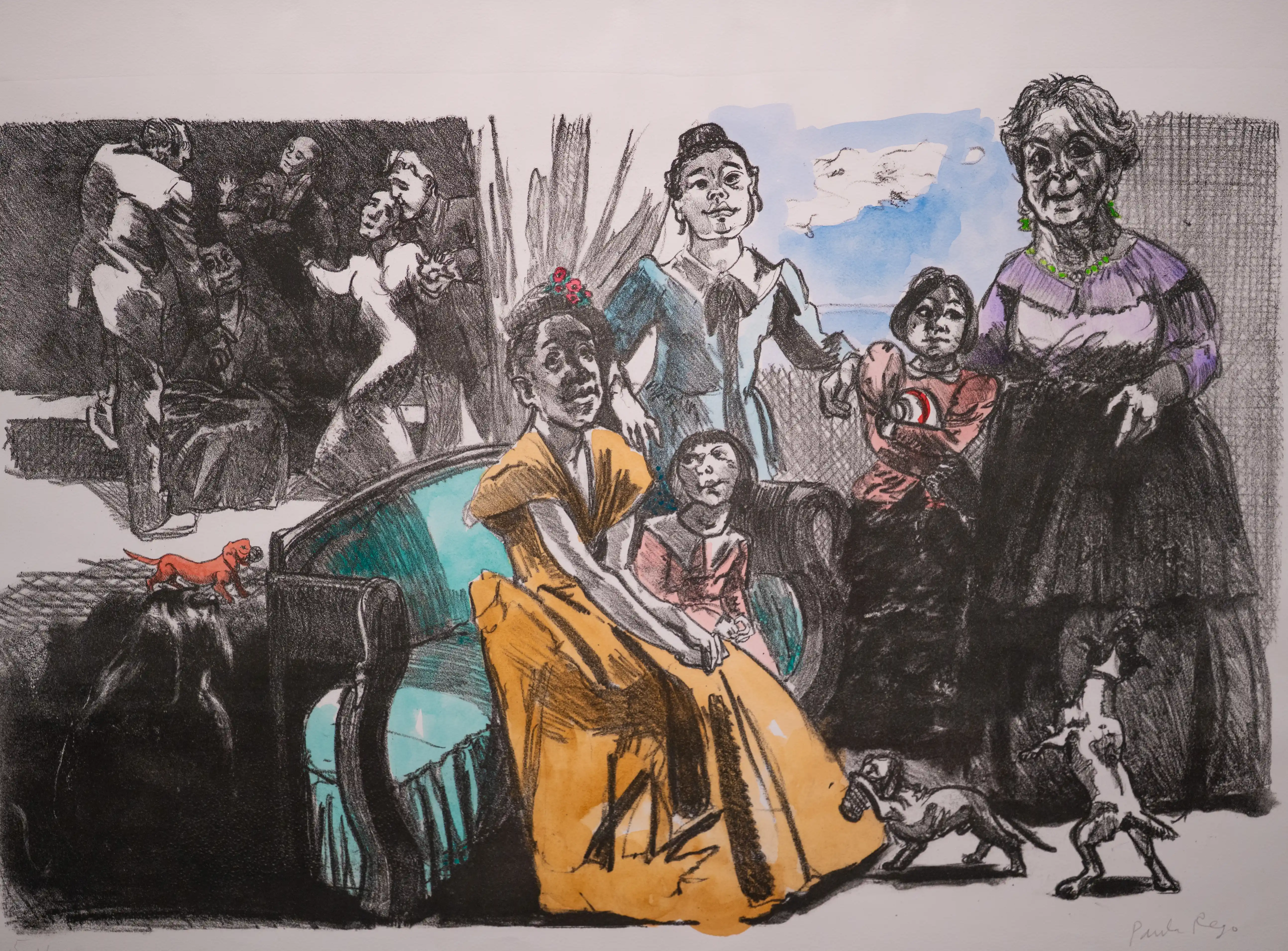 A colourful lithograph by Paula Rego showing a group of people, predominantly women and children, gathered together, with several dogs around them.