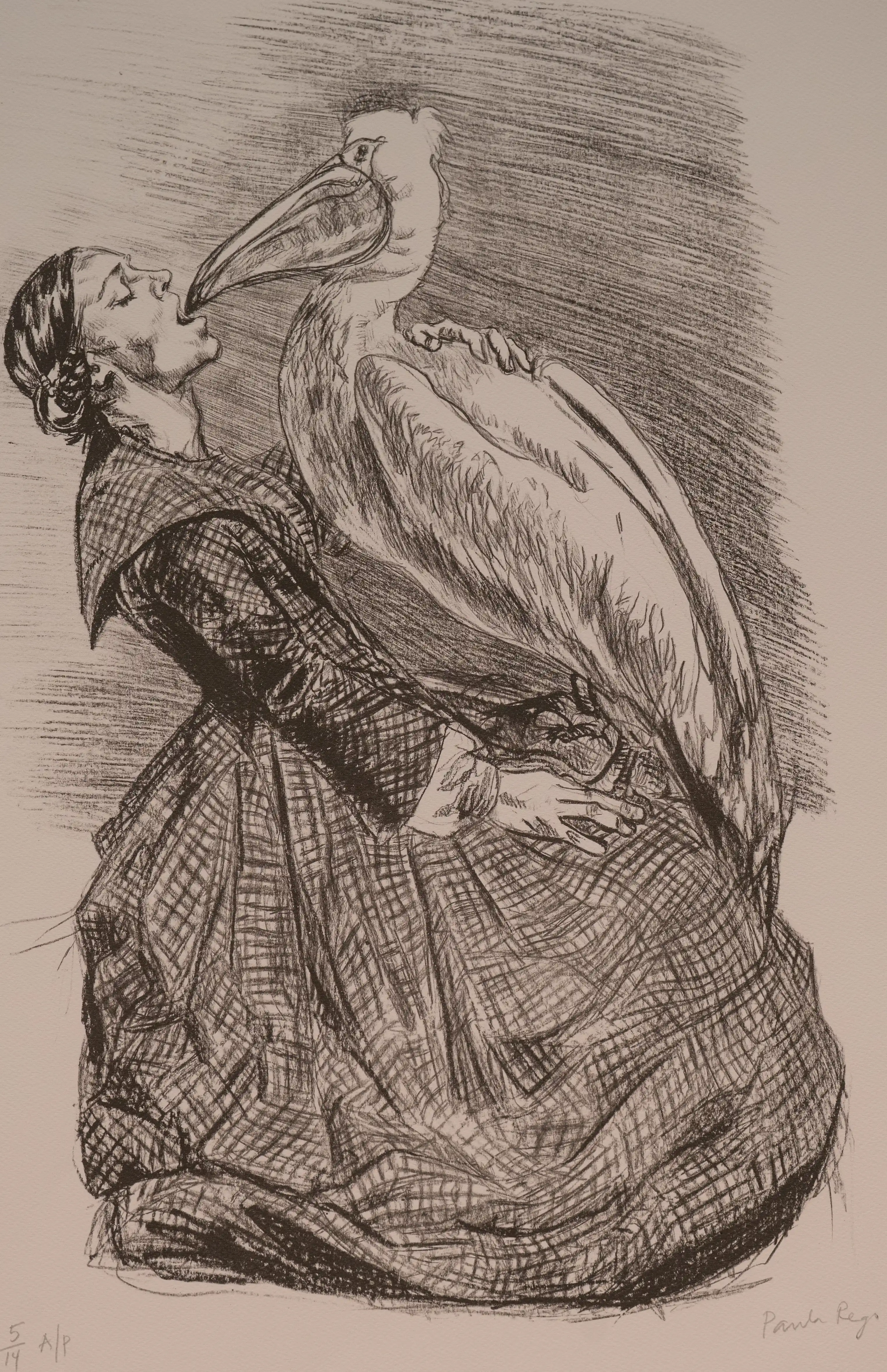 Black and white sketch of a woman in a checkered dress with her head tilted back and mouth open, as a pelican's beak gently touches her tongue. The artist's signature and edition number are visible in the lower corners.