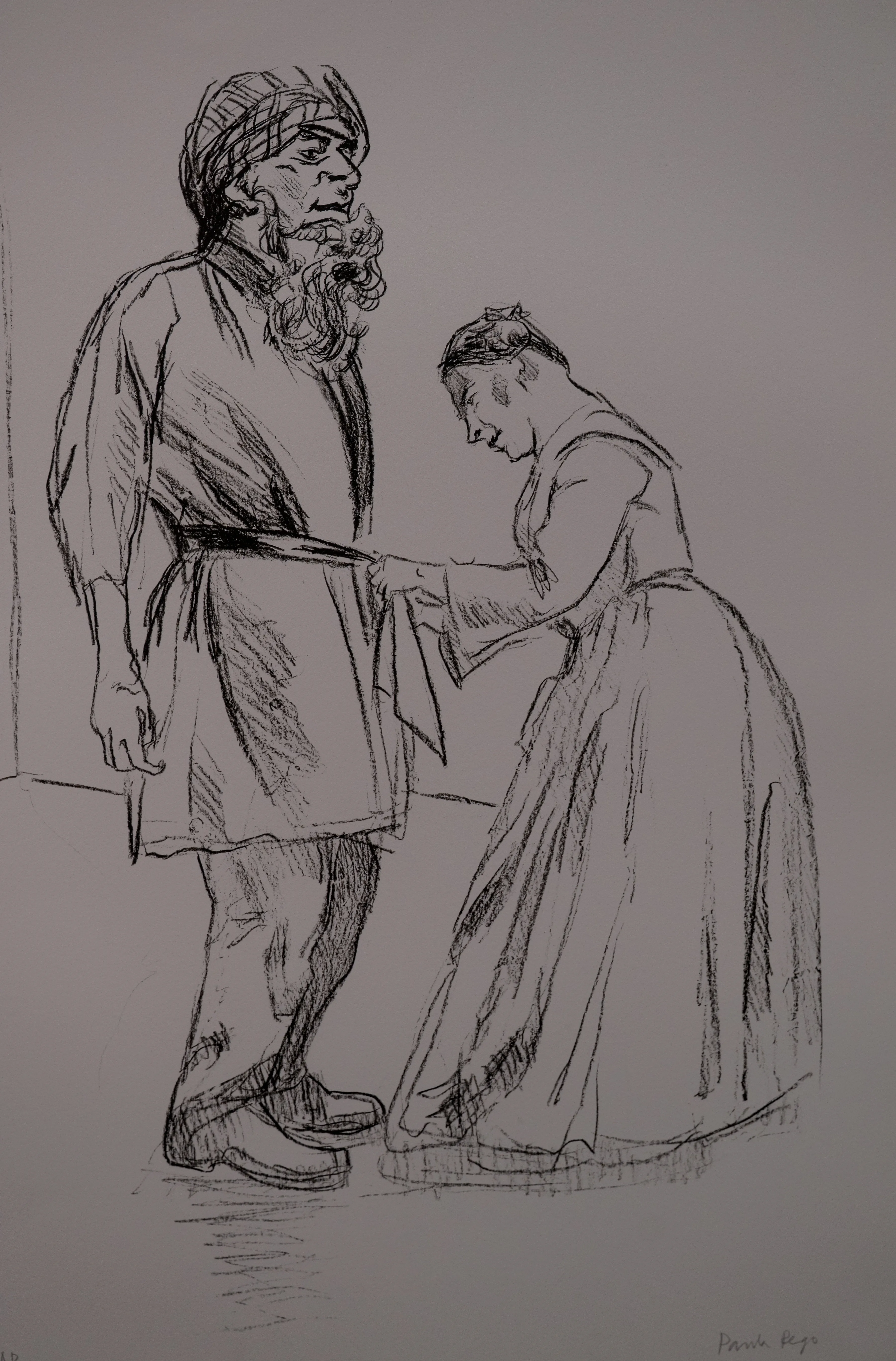 A charcoal sketch of a bearded man in a turban and a woman in a long dress. The woman appears to be adjusting the man's clothing.