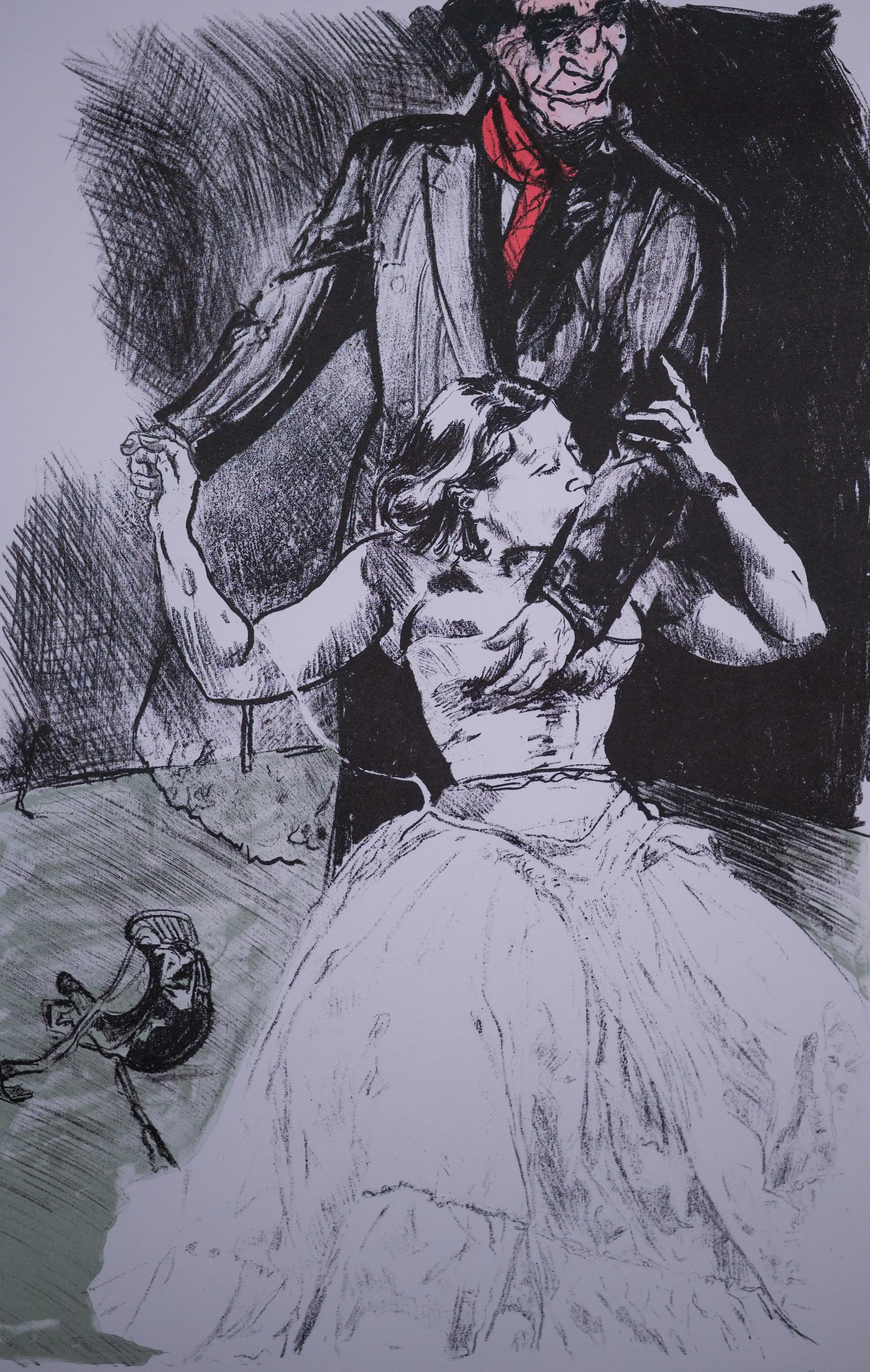 A monochromatic sketch with red accents showing figures in restless sleep. The central figure wears dark clothing with a red headscarf and lies in an unsettled pose, surrounded by tangled limbs and distorted forms