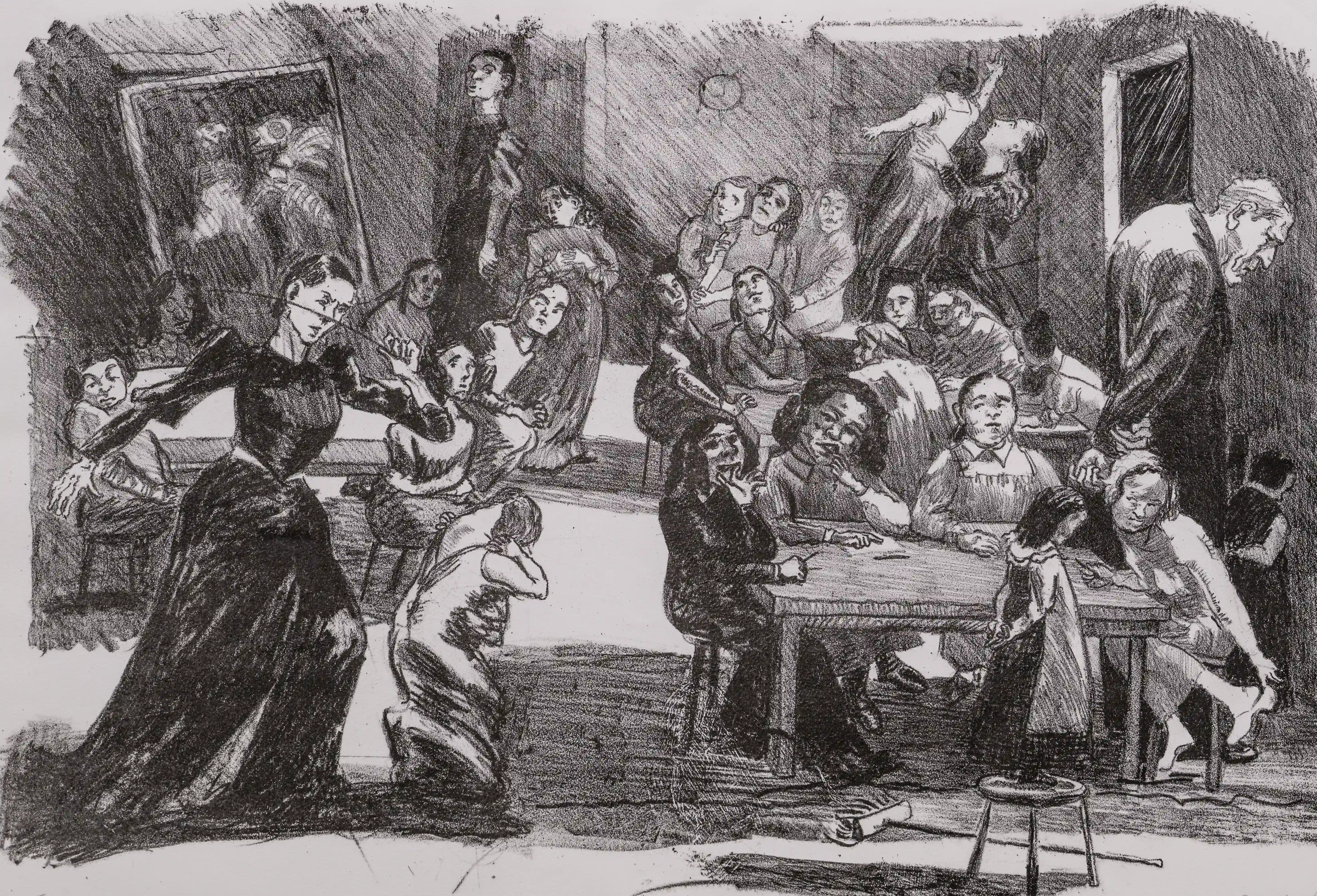 A black and white sketch of a crowded room with many figures. In the foreground left, a woman in a dark dress gestures dramatically. Several other figures are seated at tables, and others stand around them, their faces showing various expressions of concern, surprise, and engagement. The style is loose and expressive, with heavy use of hatching to create shadow and depth.