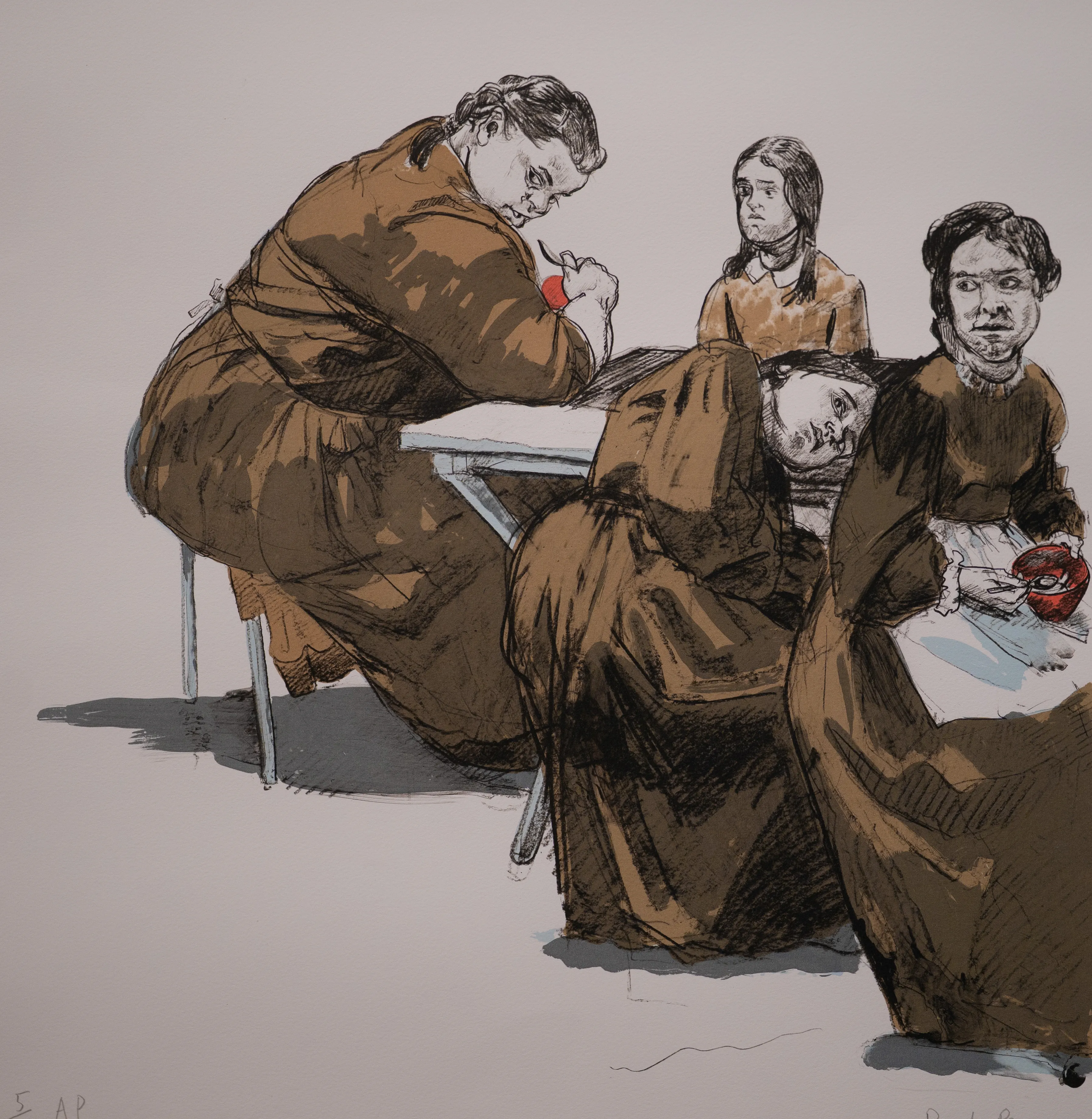 A sketch-style illustration shows four women gathered around a white table. The woman on the far left, with her hair in a braid, is leaning over and appears to be cutting or styling the hair of a woman seated in the centre, whose head is bowed and covered by a hood. Another woman, also in a hooded robe, is seated in the foreground to the right, looking towards the viewer. A fourth woman stands behind the table, observing the scene. Red objects, possibly apples or scissors, are visible on the table and in the hands of the woman on the right.