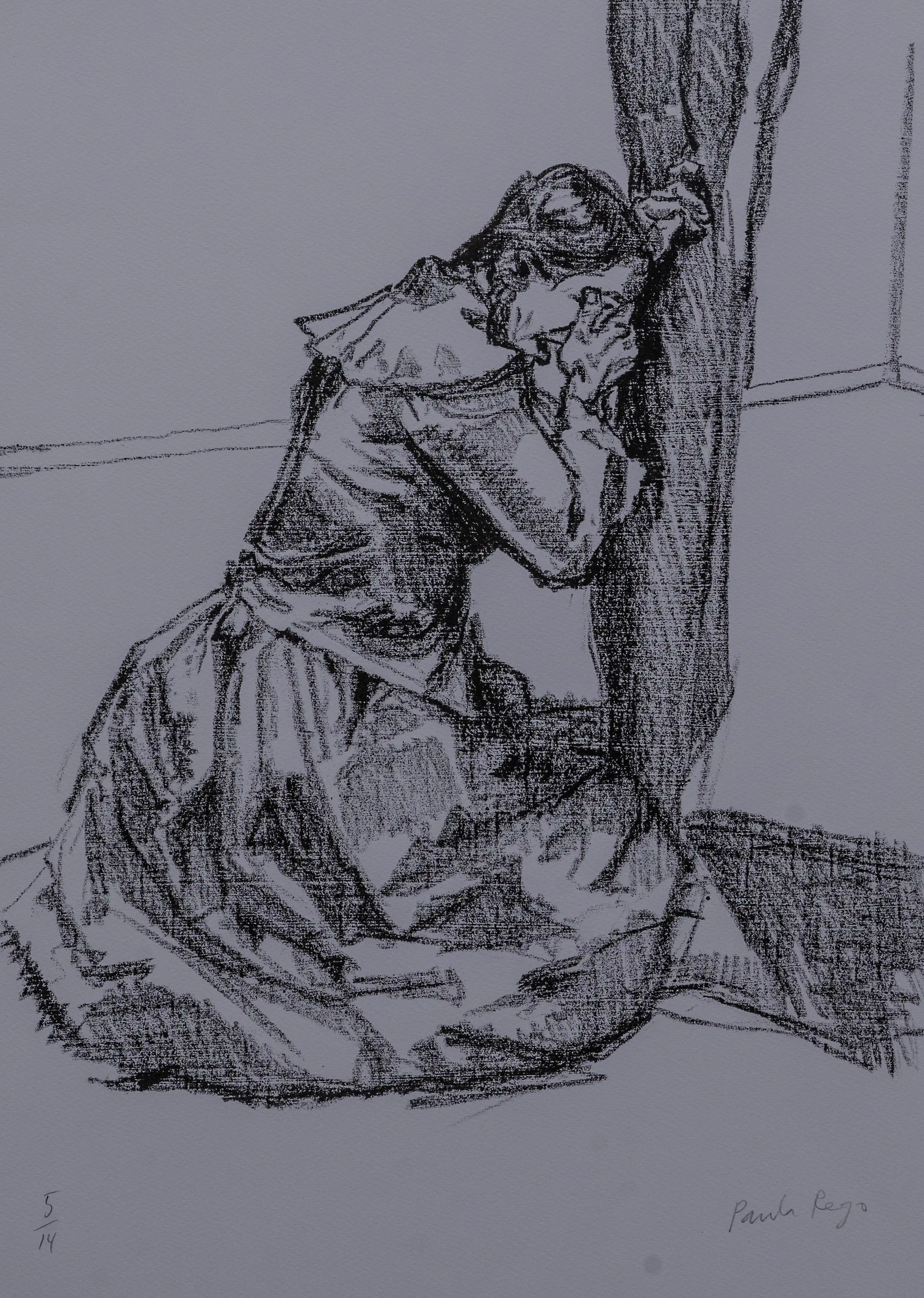 A black and white charcoal sketch of a person kneeling and embracing a wooden post, with their face obscured by their hands. The artwork is framed in wood and mounted on a wall.
