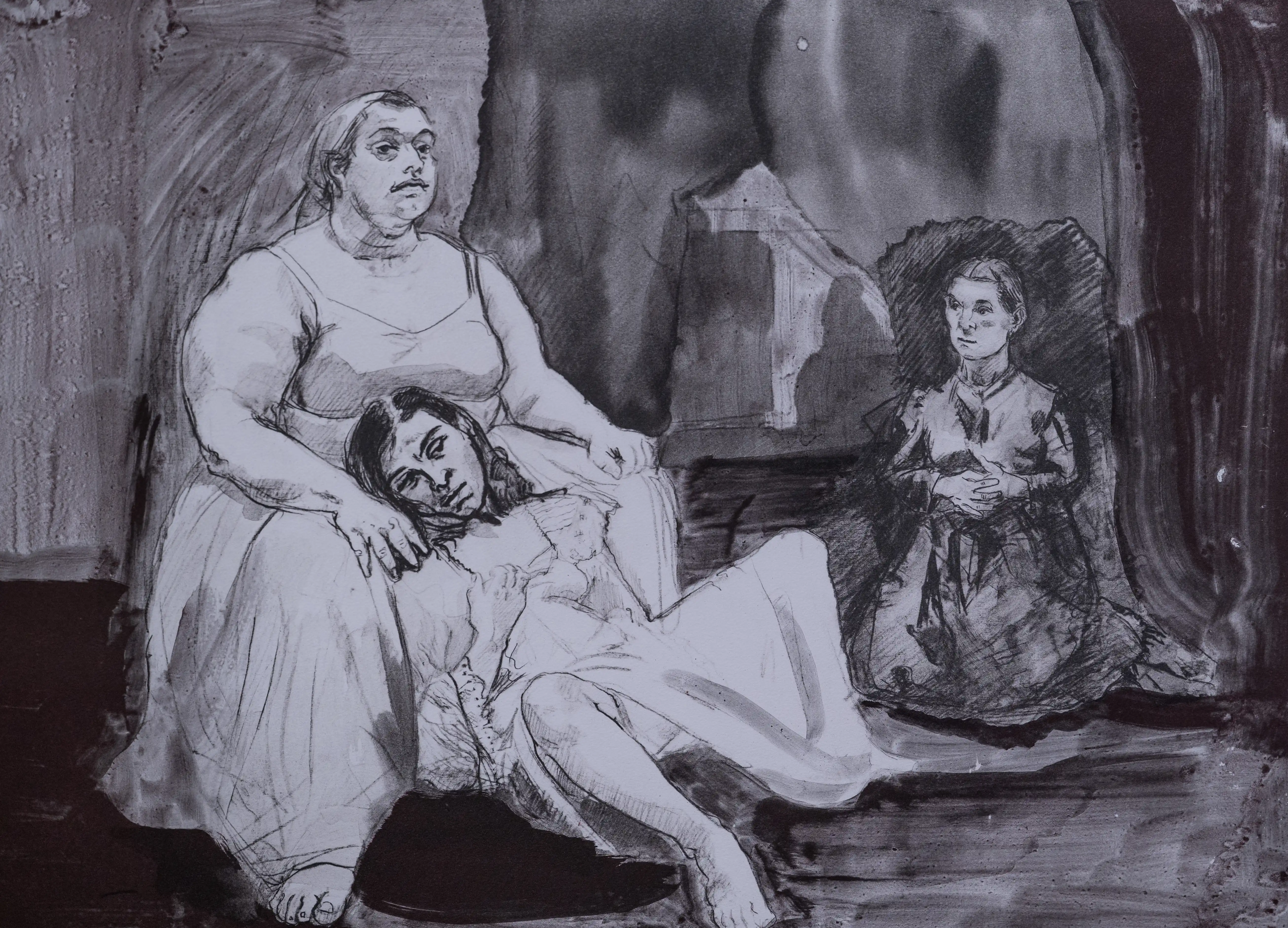 A monochrome ink drawing of three figures. A larger woman sits with a reclining figure in her lap. Another figure stands to the right. The style is gestural and expressive.