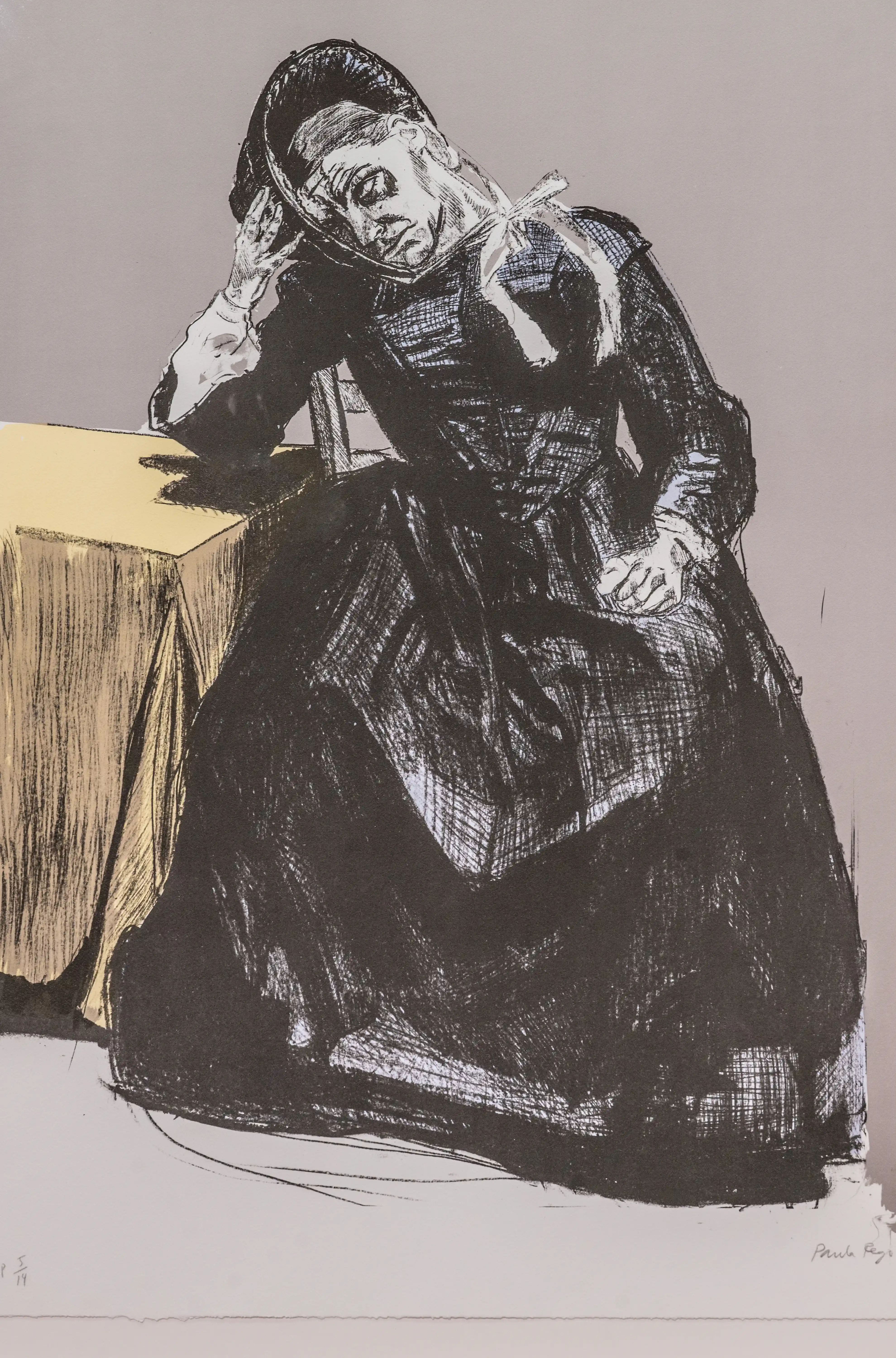 A lithograph depicting a woman in a dark, voluminous dress and bonnet, resting her head on her hand with a weary or thoughtful expression. She is seated next to a table covered with a yellow cloth. The background is a solid muted grey.