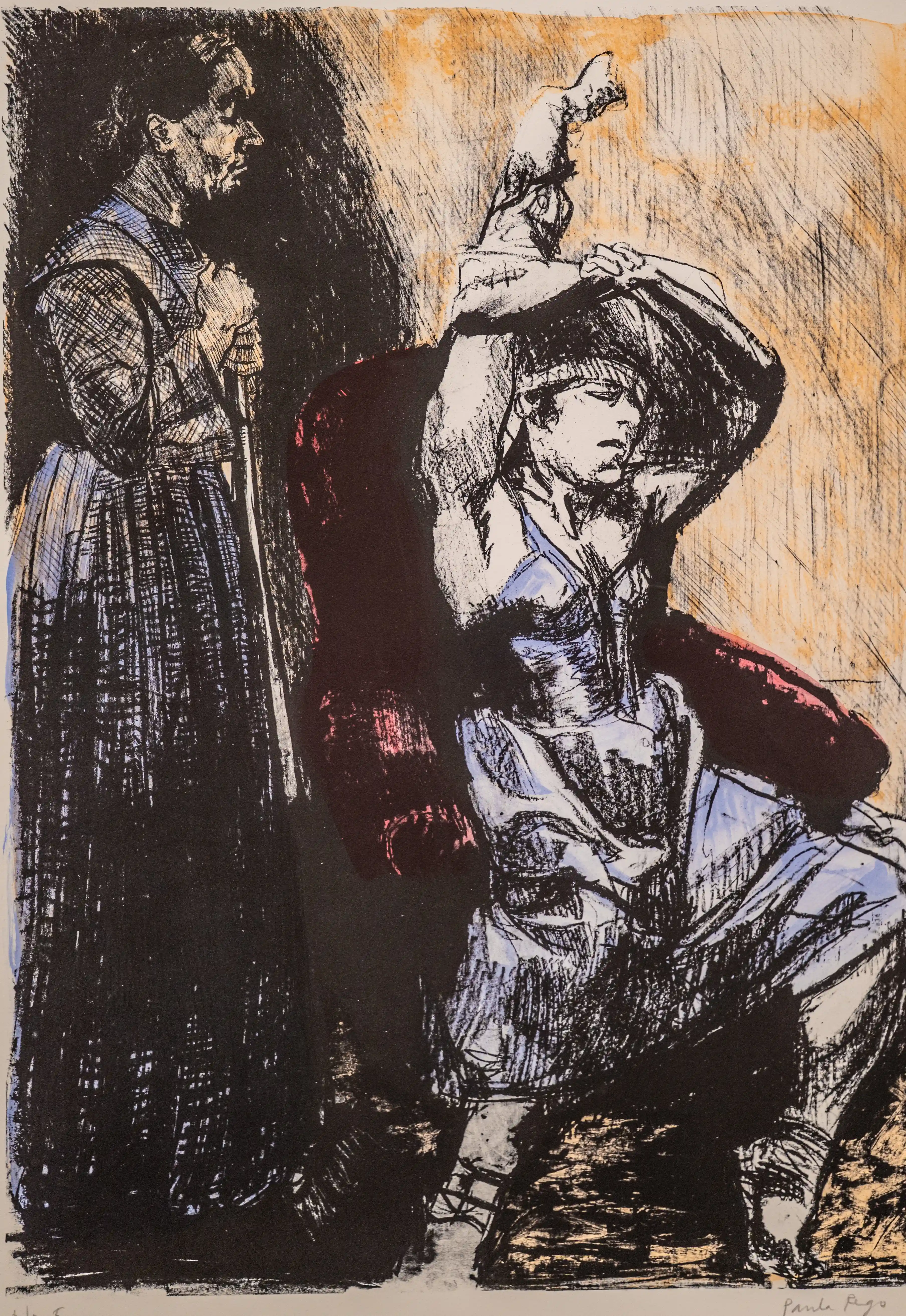Lithograph by Paula Rego showing a seated figure with arms raised and a standing figure in shadow.
