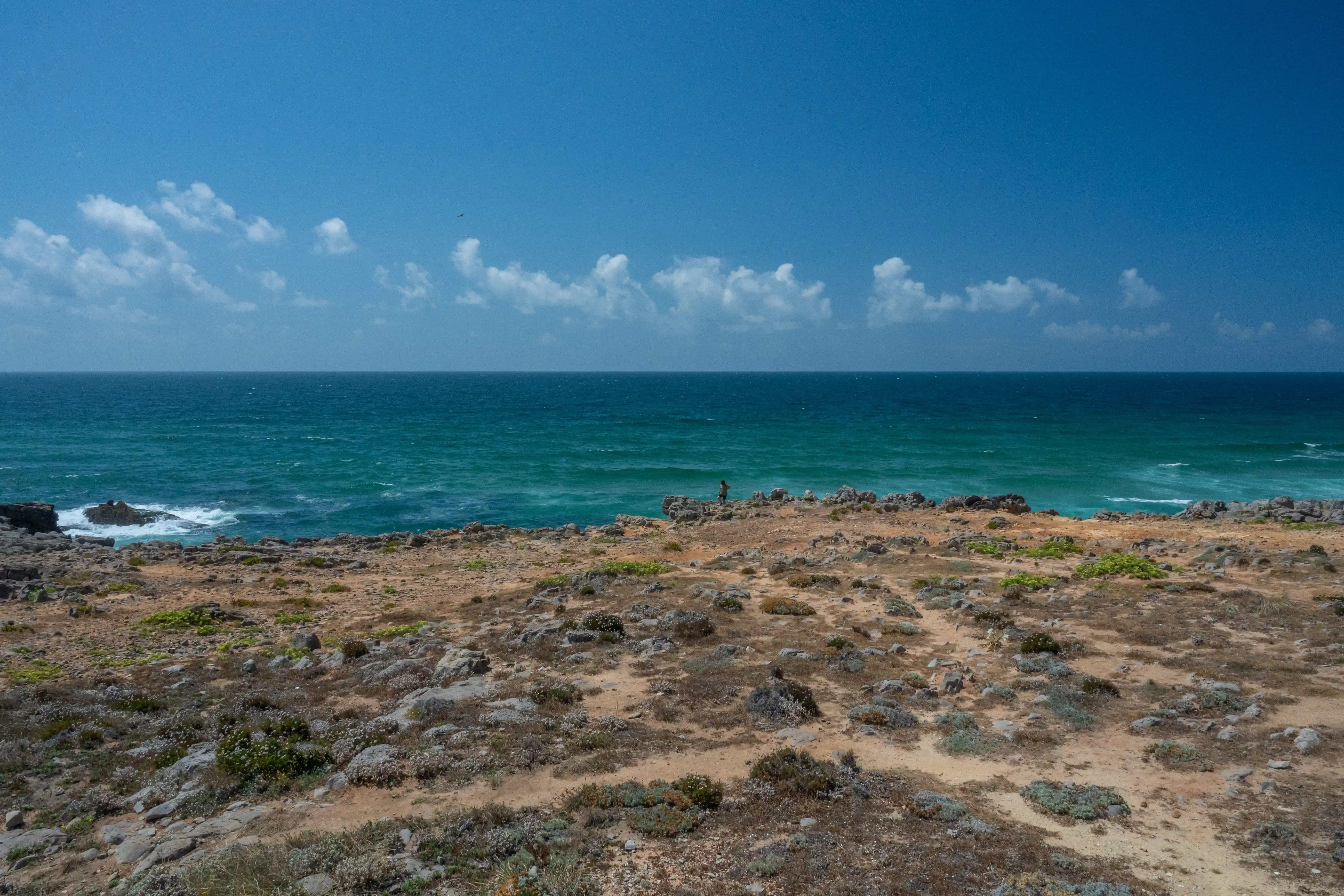 A wide shot of a rugged, brown and grey rocky coastline with sparse green and grey vegetation. In the middle distance, a single silhouetted person stands on the edge of the cliff looking out at the bright blue-green sea. The horizon is clear, with a few scattered white clouds in the deep blue sky.