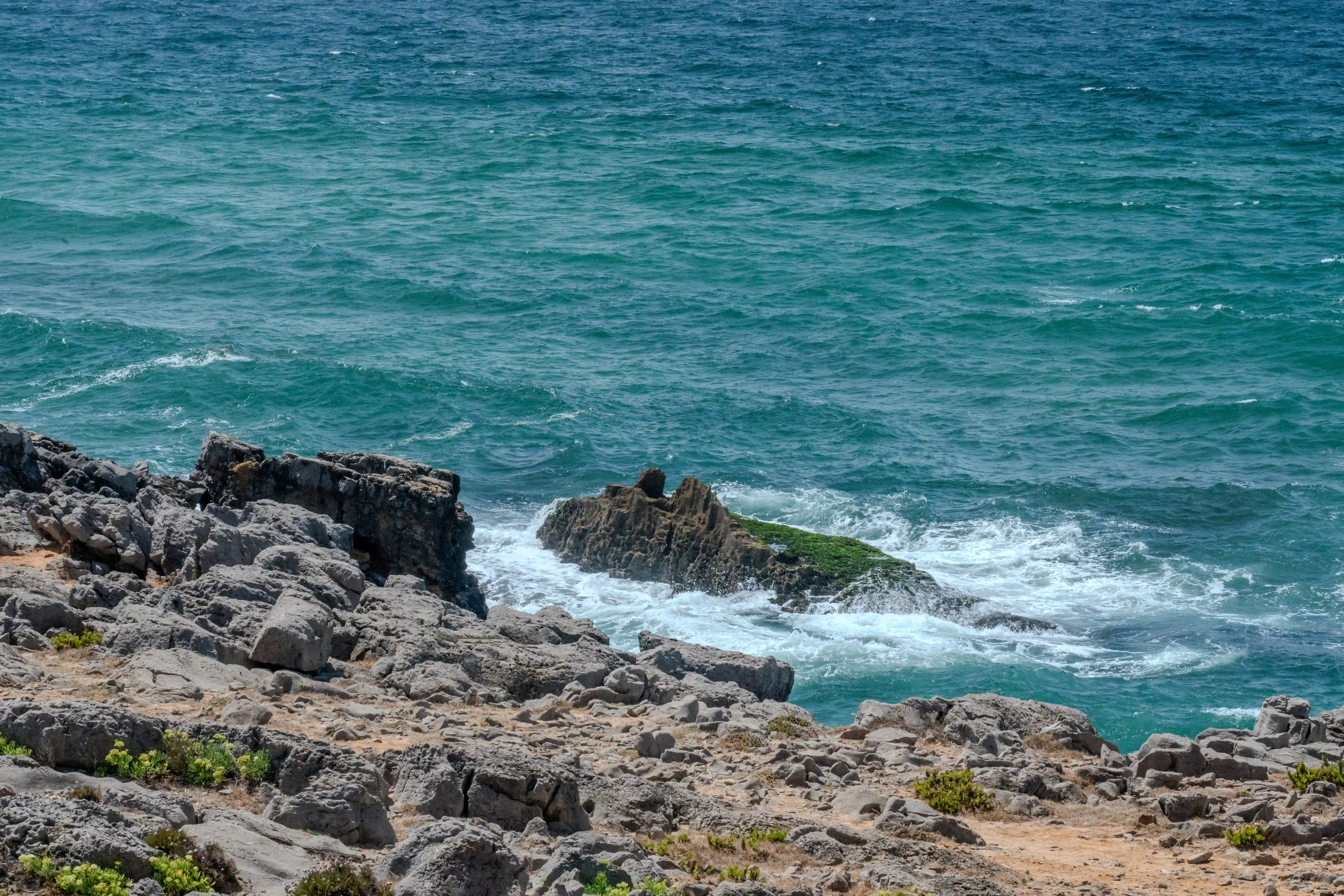 A view of rough, grey coastal rocks in the foreground, leading to a dark, algae-covered rock formation in the sea where waves are breaking. The ocean is a deep blue-green.
