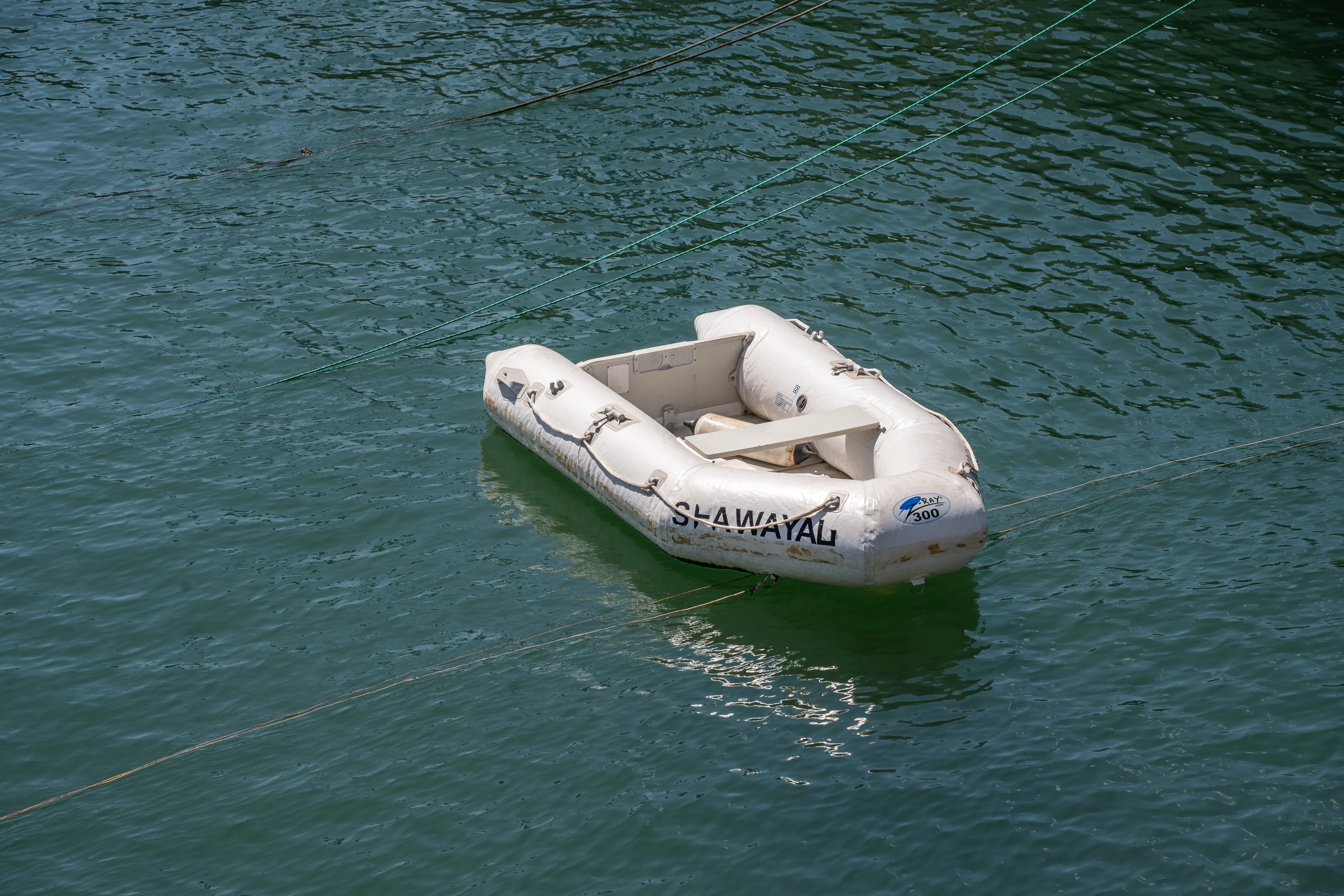 A white inflatable dinghy named 'SEAWAYAL' floats on the water, tethered by ropes.