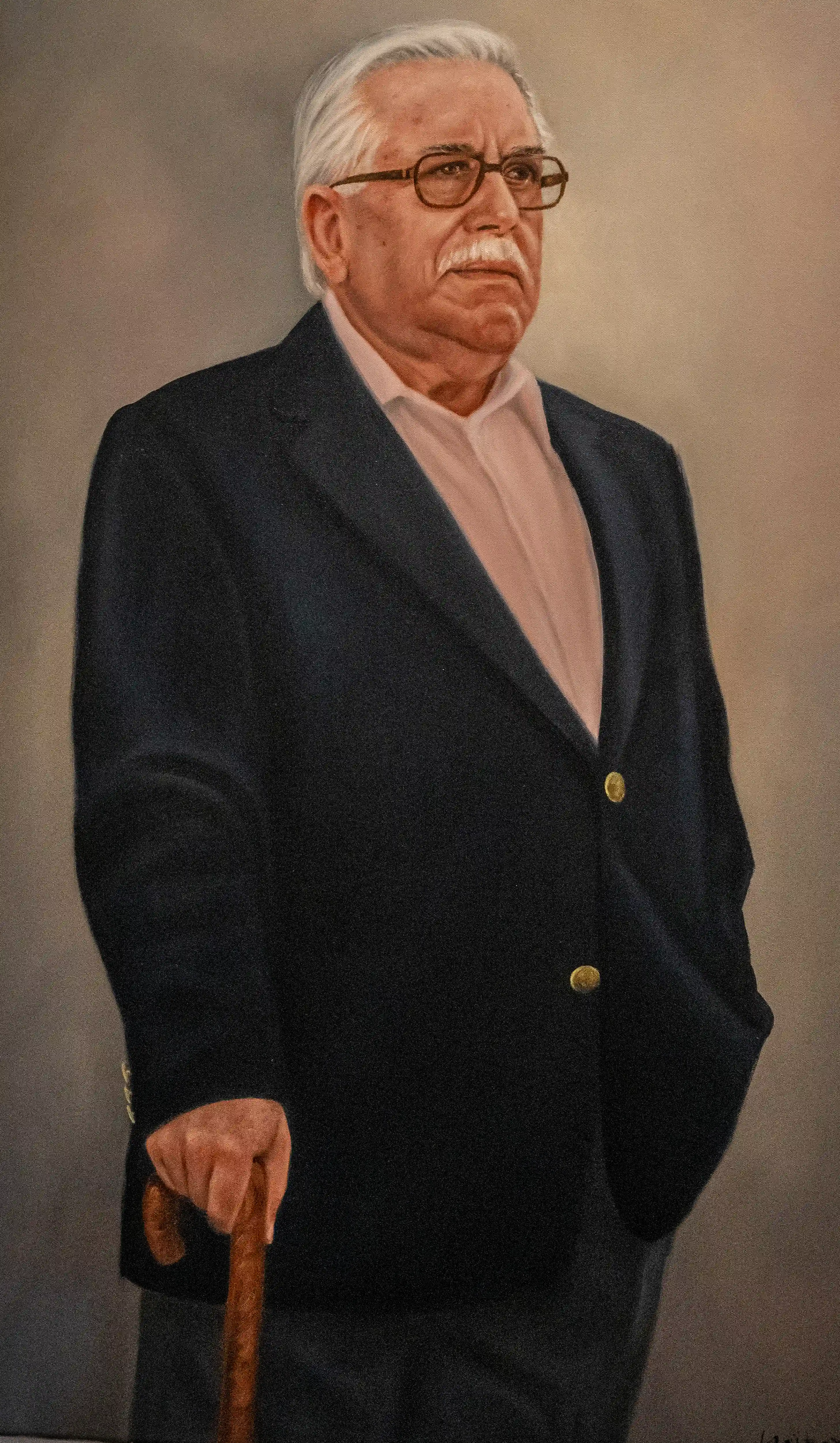 Oil painting portrait of an elderly man with white hair, glasses, a moustache, and a pink shirt under a dark blue blazer, holding a walking stick with his left hand.