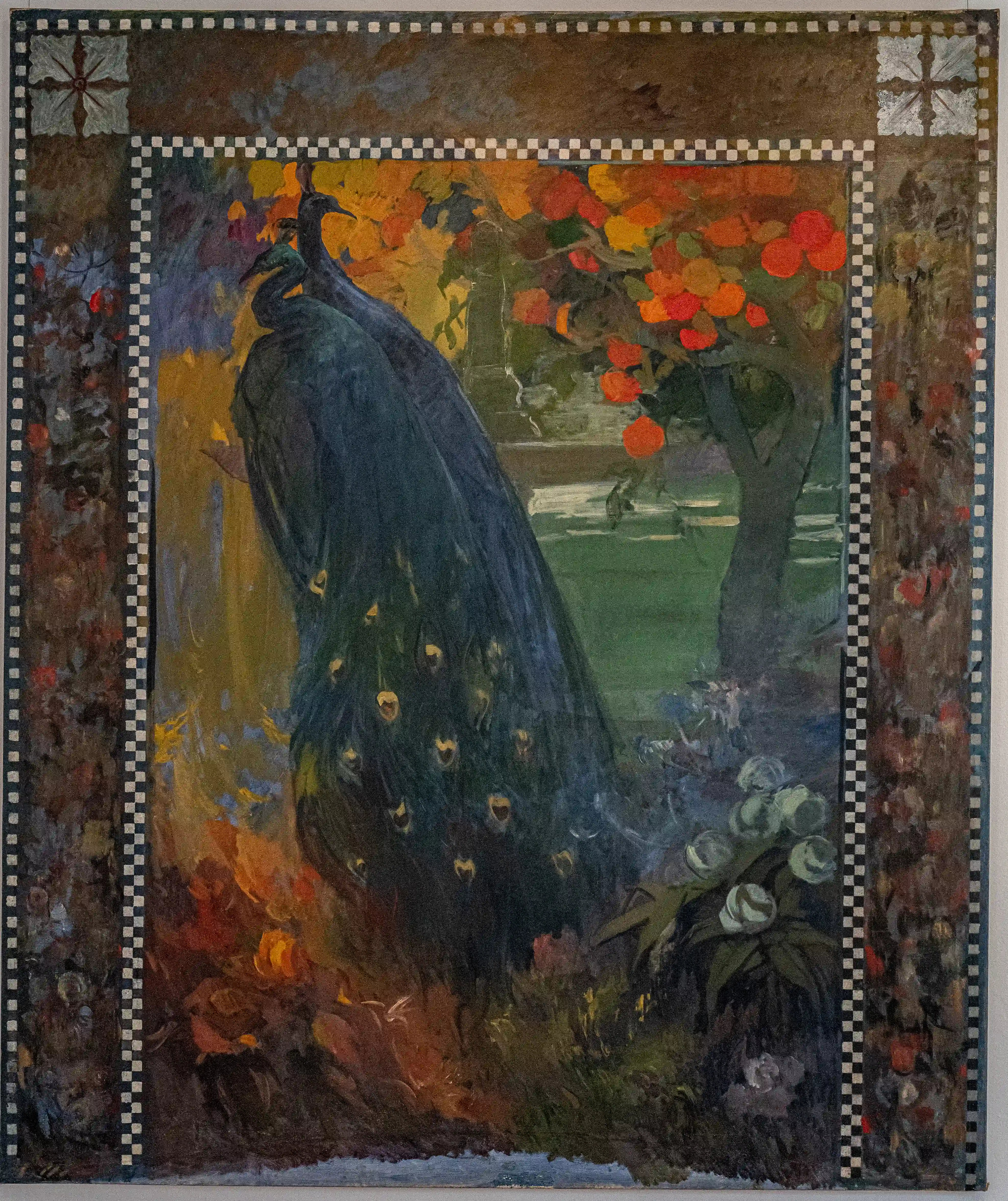 A painting of two peacocks in a garden, with a decorative border.